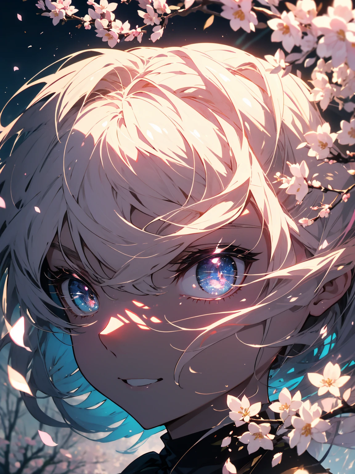 (highest quality、masterpiece、High resolution、be familiar with)、(shining eyes、be familiar with美しい顔)、night background:1.4、8K、(1 girl)、(smile)、((looking at the cherry tree above my head))、Cityscape lined with cherry blossom trees:1.2、light up、bright theme、Beautifully falling cherry blossom petals、(beautiful anime)、(Shining eyes、detailed beautiful face)、Cherry blossoms at night、starry sky、(whole body)、dynamic angle