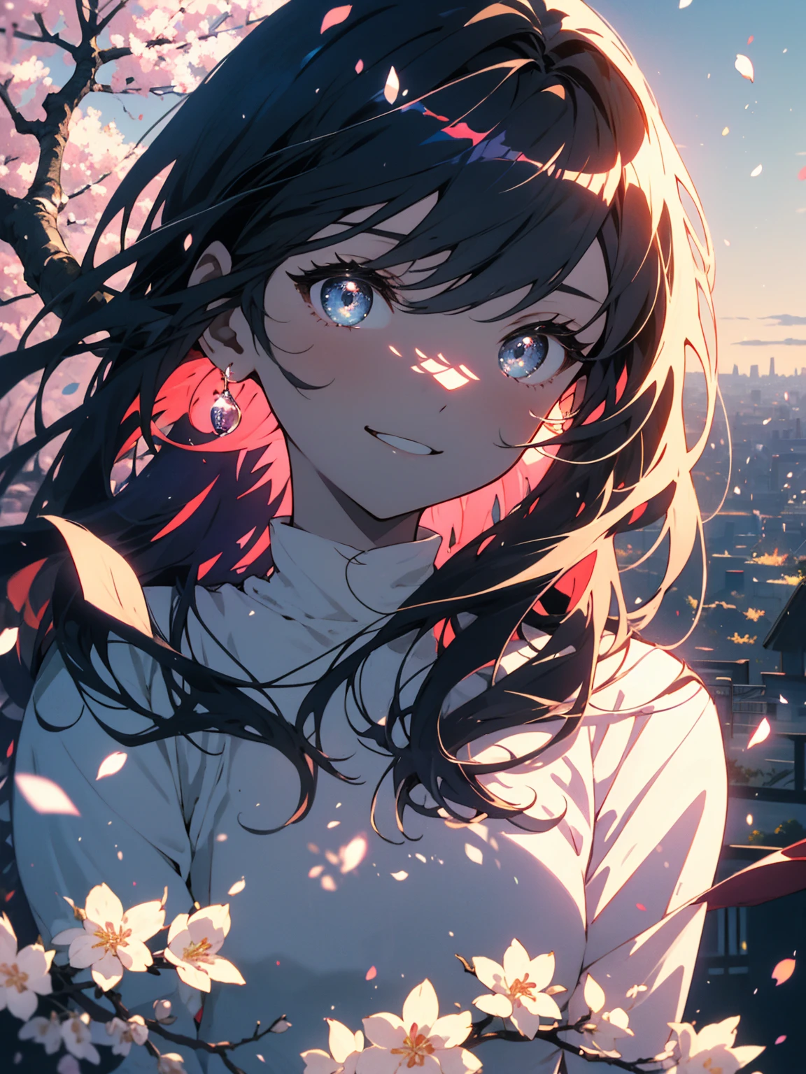 (highest quality、masterpiece、High resolution、be familiar with)、(shining eyes、be familiar with美しい顔)、night background:1.4、8K、(1 girl)、(smile)、((looking at the cherry tree above my head))、Cityscape lined with cherry blossom trees:1.2、light up、bright theme、Beautifully falling cherry blossom petals、(beautiful anime)、(Shining eyes、detailed beautiful face)、Cherry blossoms at night、starry sky、(whole body)、dynamic angle