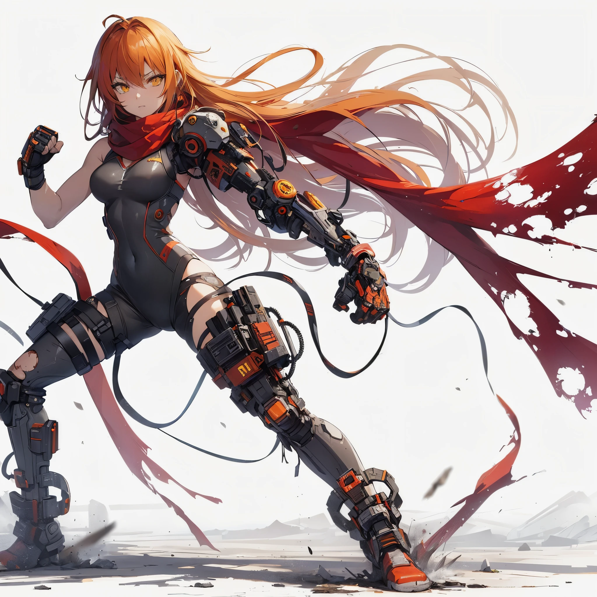 (masterpiece, Best Quality), ultra-detailer, Anime style, Full body, Solo, Cyberpunk grappler Girl, skintight jumpsuits and torn red scarf, orange long hair and yellow eyes, mechanical armguard, hi-tech long boots, standing in the wasteland, Digital Painting, 8K High Resolution, Art Station Trend, White background, Whole body, fighting pose
