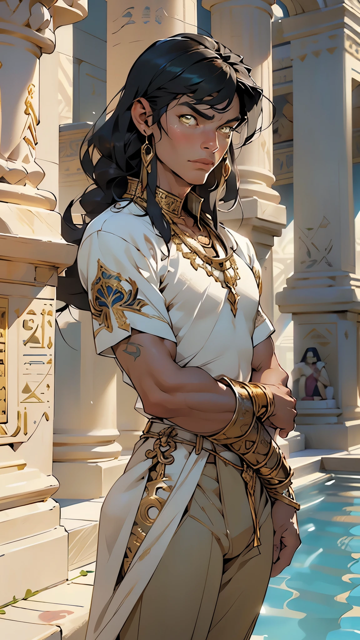 (man:1.5),1 man,male,1boy,male focus,dark-skinned man,black hairdark skin,jewelry,necklace,(Egyptian man),(tan),(brown skin),body tone,male focus,long hair,long bangs,no shirt,pharaoh Tutankhamun,serious expression, (((Egyptian God))),SETH, god of chaos, Egyptian mythology, expression of evil,Egyptian clothing, ((brother of Osiris)) , Osiris, king of the Egyptian underworld, pharaoh of Egypt, god of the underworld, Lord of the underworld, Inquisitor of Death, associated with a good harvest,symbolizes hope and light, tough guy, majesty, strong, muscular body, abs (many fine Egyptian decorations), Egyptian style, perfect flesh full of texture,
muscle,muscle,pectoral, muscular,Mature man,45 year,1 man,macho man,an extremely detailed face,(((gold_eyes:1.3))),intricate eyes,beautiful detailed eyes,symmetrical eyes,perfect face,((detailed face)),macho man,
(((lustrous skin:1.5,tanned skin,bright skin: 1.5,skin tanned,shiny skin,very shiny skin,shiny body))),powerful,heroic,nsfw,
((bulge in pants)),(((intricate outfit,embroidered outfit,ornate outfit,intricate clothes,embroidered clothes,ornate clothes))),
dynamic pose,looking at viewer,smug,(masculine attitude),centered,scale to fit dimensions,Rule of thirds,
((beautiful bath house made of greek marble and pillars, beautiful clear water in pool)),scenery:1.25,((intricate scenery)),((greek temple background)),
(Glossy greek ornaments),highres,sharp focus,(ultra detailed,extremely detailed),(photorealistic artwork:1.37),(extremely detailed CG unity 8k wallpaper),(((vibrant colors,vibrant theme))),(intricate),(masterpiece),(best quality),artistic photography,(photography taken by sldr),(intricate background),perfect rendered face,perfect face details,realistic face,photo realistic,((intricate detail)),(((realism))),