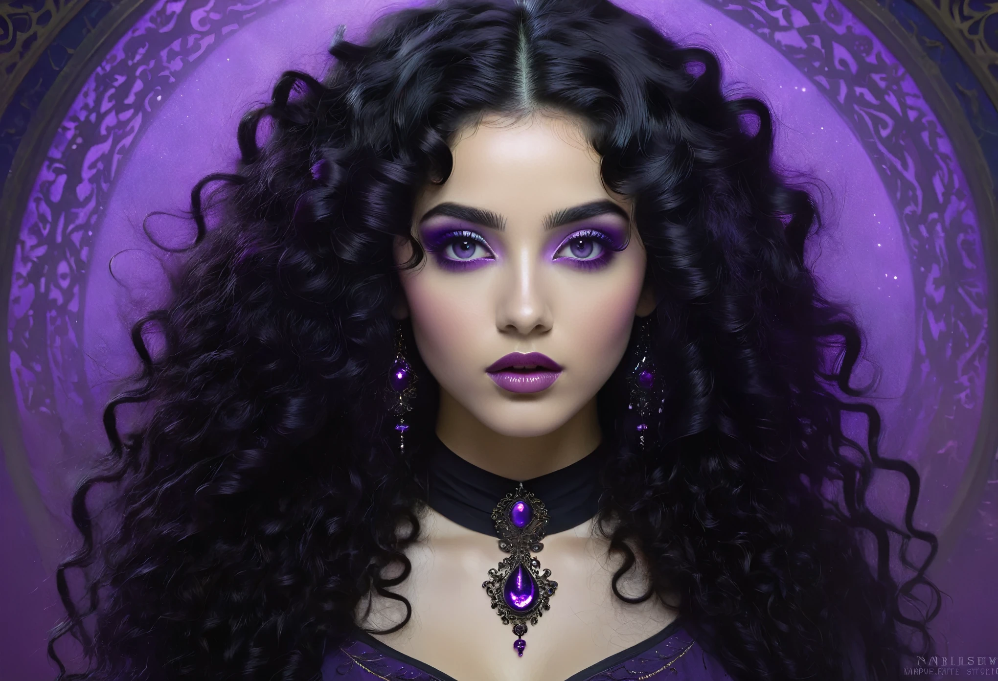 Arab woman with long black curly hair and purple eyes, Natalie Chao Tom Bagshaw, Cute face. dark fantasy, Tom Bagshaw art style, in the Tom Bagshaw's style, Tom Bagshaw art style, in Tom Bagshaw's style, purple eyes, Tom Bagshaw style, Tom Bagshaw inspiration, Tom Bagshaw inspiration, Tom Bagshaw's style