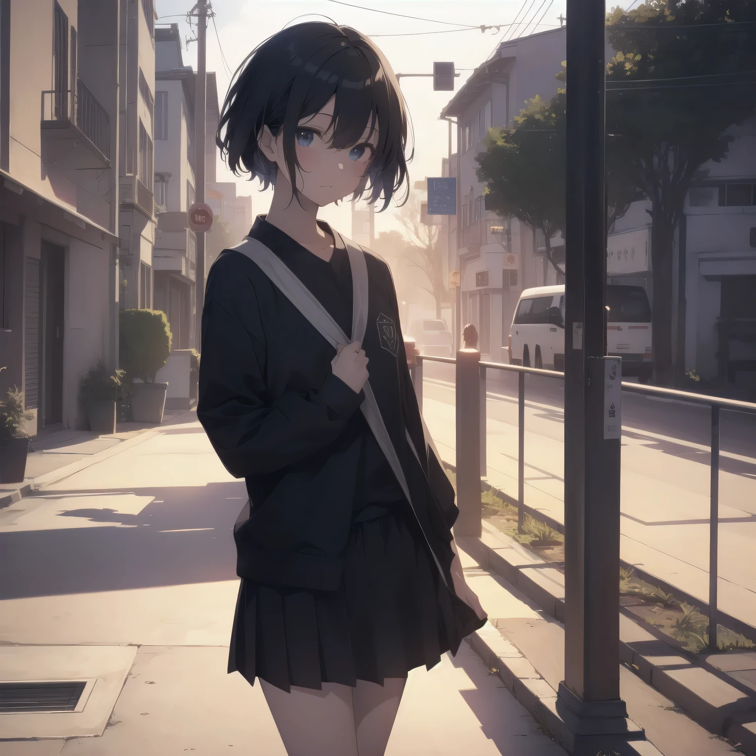 ultra-absurdres-Top quality by art God, ultra-detailed, high resolution, anime moe artstyle, best anime 8k konachan wallpaper, pixiv contest winner, perfect anatomy,break, 1girl, (Please draw a girl walking sleepily to school alone. )break,(Solo,little female, 13-year-old:1.3),Full limbs, complete fingers,a junior high school student, Attractiveness of immature bodies, (very short hair), short cut, flat chest, , small butt, small black eyes, beautiful detailed eyes, well-proportioned iris and pupils, expressive eyes, highres detailed hair, soft expression, school_uniform, pleated skirt,(Detailed Lighting), (Detailed background), in the School commute route. break,super detailed skin, Best cinematic lighting powered by famous artist, 8k,beauty illustration,photoshop_(medium),very aesthetic,break,((artist:core )), artist:fukahire_(ruinon) ,artist:akinashi yuu ,artist:oyari ashito ,