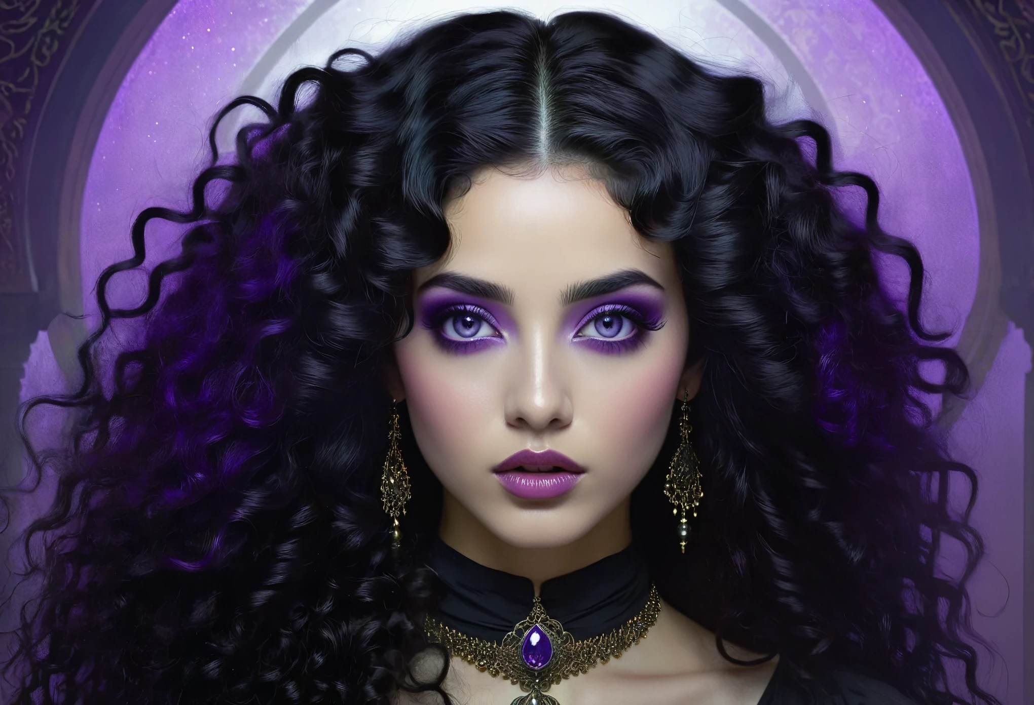 Arab woman with long black curly hair and purple eyes, Natalie Chao Tom Bagshaw, Cute face. dark fantasy, Tom Bagshaw art style, in the Tom Bagshaw&#39;s style, Tom Bagshaw art style, in Tom Bagshaw&#39;s style, purple eyes, Tom Bagshaw style, Tom Bagshaw inspiration, Tom Bagshaw inspiration, Tom Bagshaw&#39;s style