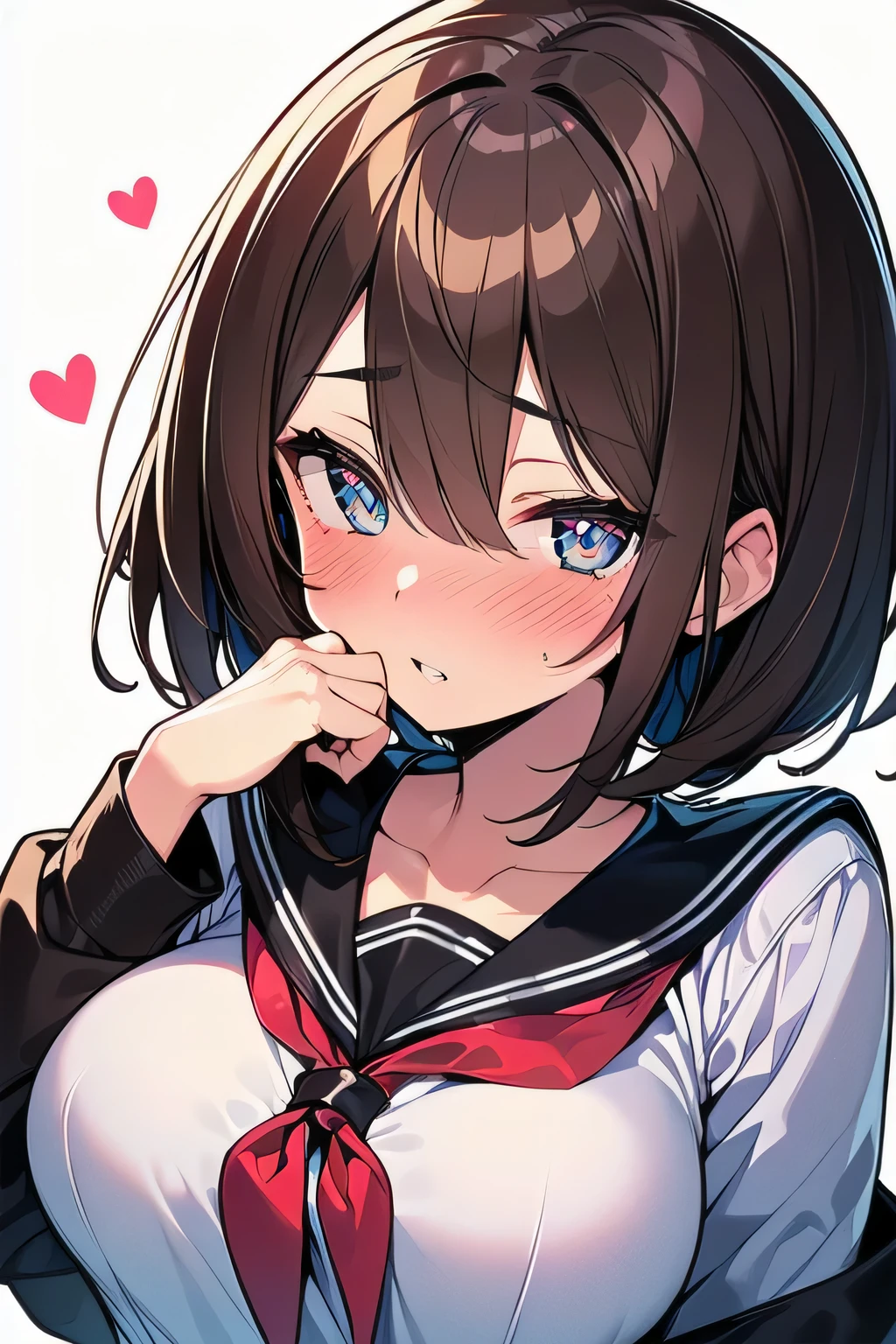 (best quality), (Super detailed), (Best Illustration), ((beautiful woman)), look at viewer, from front, upper body, (long sleeve, white serafuku), ((beautiful medium breasts)), curvy body, (embarrassed, heart-shaped pupils, parted lips), blush, brown hair, (bob cut), messy hair, curvy hair, hairs between eyes, blue eyes, white background