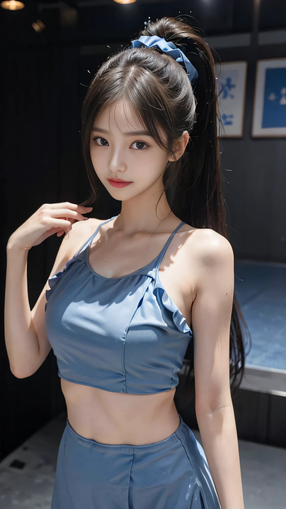 not showing one's feet,standing on stage,Blue colored long dress with lots of ruffles,One woman,masutepiece, The highest image quality, High quality, the background is clear,Beautiful woman, Japanese, Detailed, Detailed eyes, Detailed skin, Beautiful skin, 超hight resolution, (reality: 1.4),Very beautiful woman, Slightly younger face, Beautiful skin, slender, (Ultra photo realsisim), (hight resolution), (8K), (Very detailed) (beautifully detailed eyes), (super detailed), (Detailed face), view the viewer, Fine details, Detailed face, Staring straight ahead, Staring straight ahead, photos realistic, Bright lighting, Professional Lighting, Black hair,poneyTail,a baby face,fifteen years old,Hairstyle is ponytail,long ponytail hairstyle,slight smile,neat and tidy clothing,Beautiful Japanese KPOP idol photo, hair style is ponytail, my eyes are double and wide, baby face, smile and look straight ahead, slender, small breasts,close up face,Blue ribbon on head,