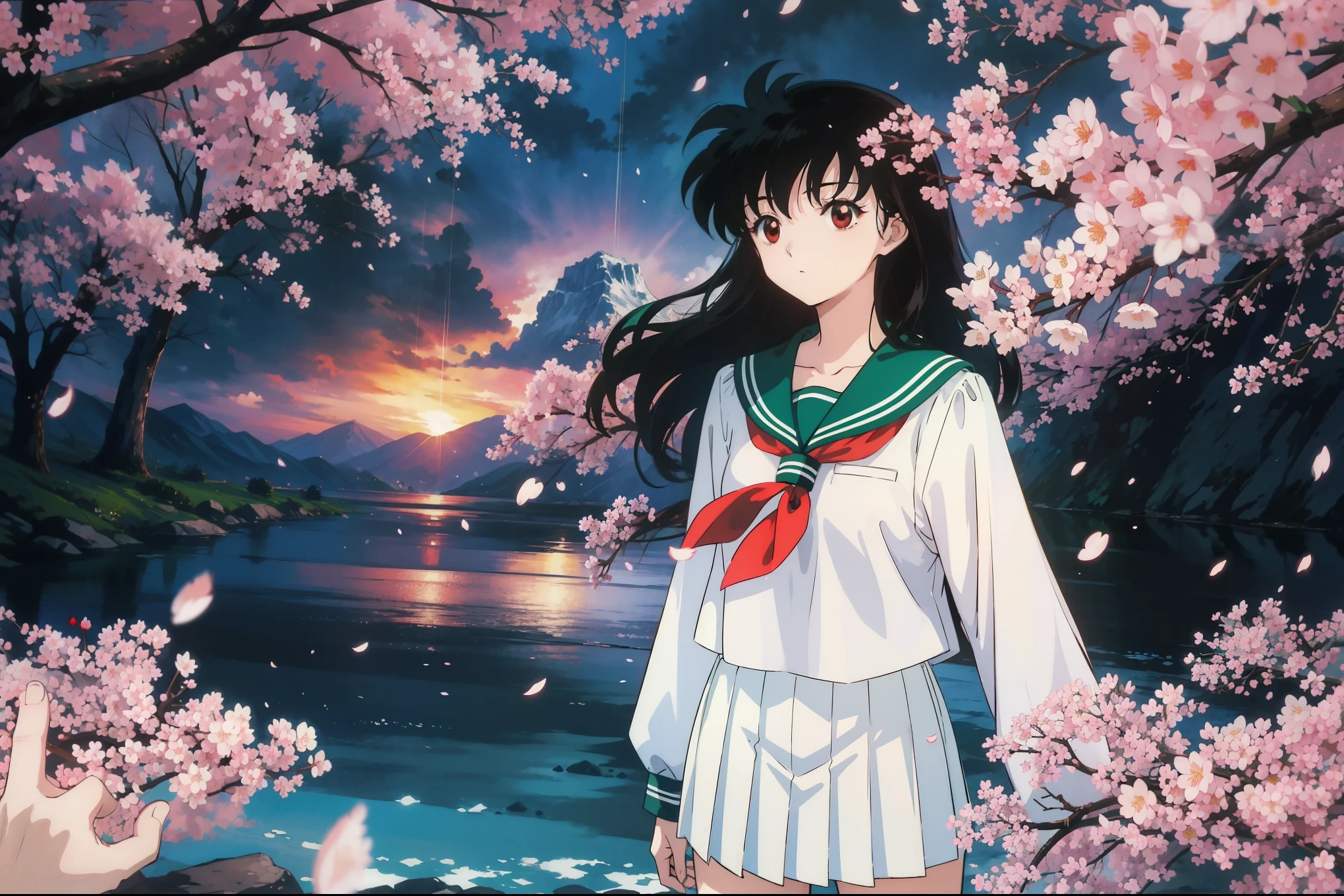 (masterpiece), best quality, expressed, is a perfect face, 1 girl, (alone), Japanese Kagome, Japanese Kagome, long hair, (black hair:1.5), Retro art style, (brown eyes:1.5), lounge skirt, shirt, long sleeve, , white shirt, pleated skirt, Serford, sailor collar, scarf, green skirt, red scarf, standing in water, best quality，masterpiece，extremely，Eye focus beautiful eyes, anime characters,Miss,alone，cloud, Mountain, rain, (Cherry blossoms:1.3), sky, High resolution, looking at the audience, (32k wallpapers)