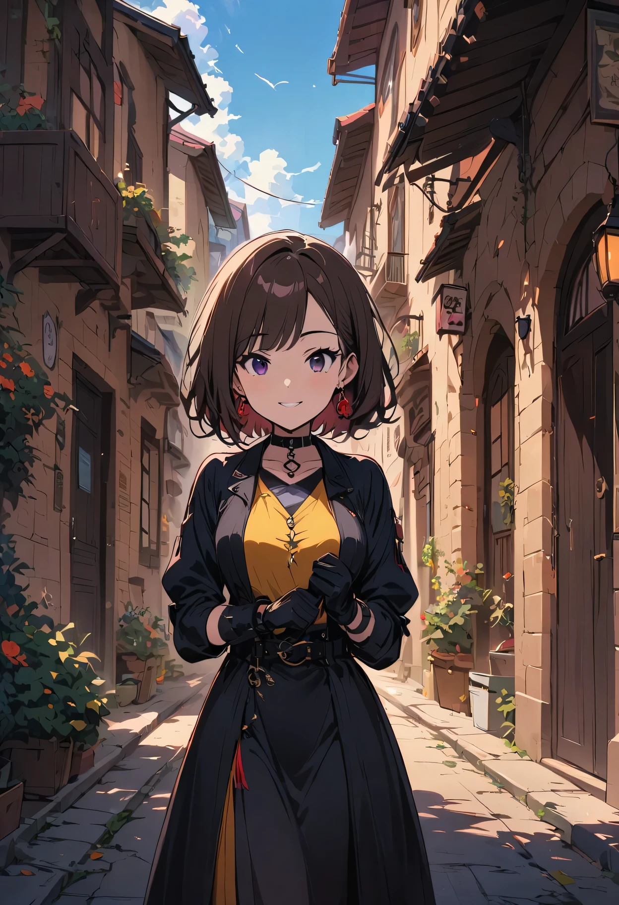 1 girl, Japanese cartoons_dyeing, Black_Eye, Black_Gloves, Brown_hair, collar, earrings, Gloves, jewelry, mailbox, parody, short_hair, Smile, alone, style_parody, 