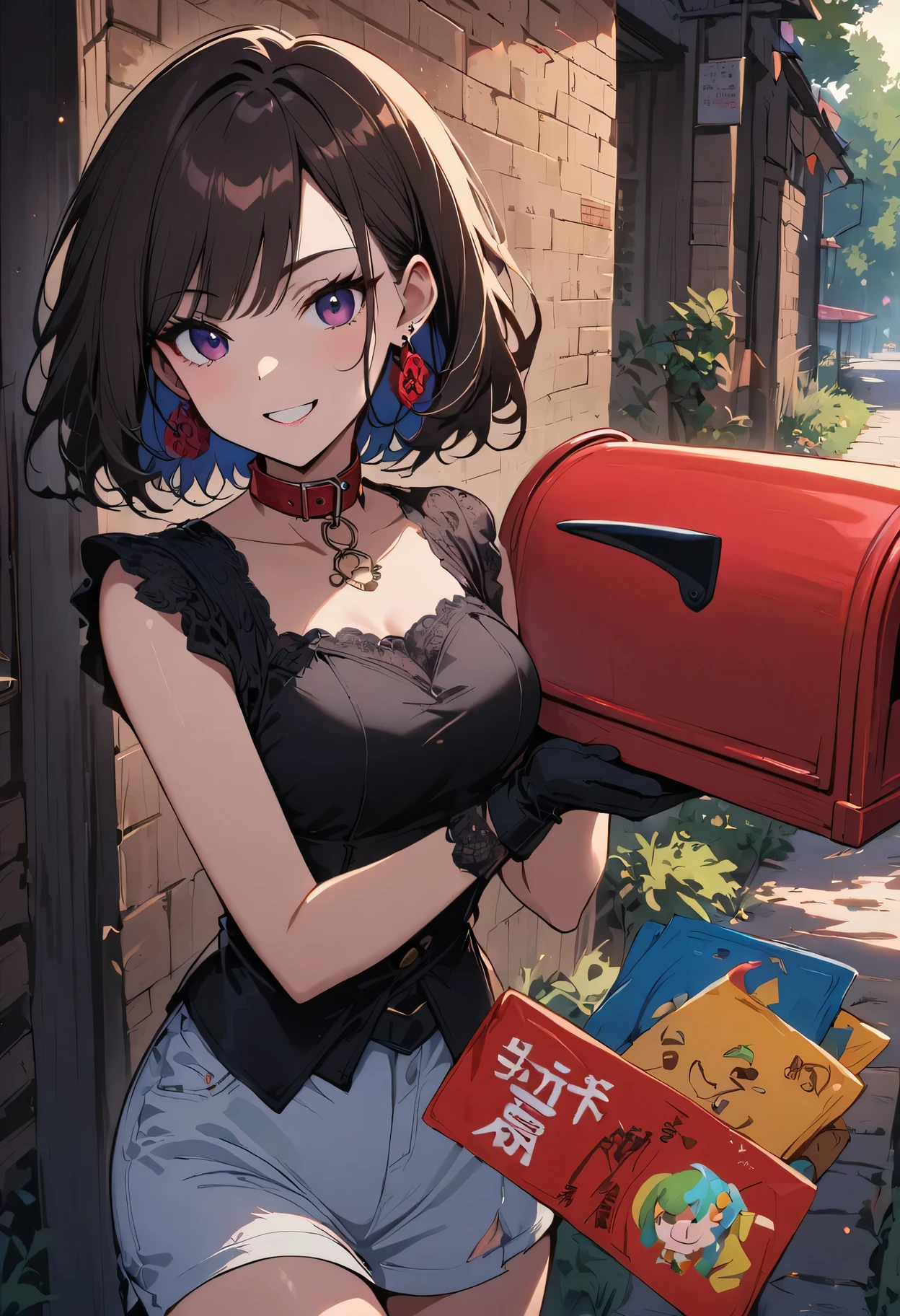 1 girl, Japanese cartoons_dyeing, Black_Eye, Black_Gloves, Brown_hair, collar, earrings, Gloves, jewelry, mailbox, parody, short_hair, Smile, alone, style_parody, 