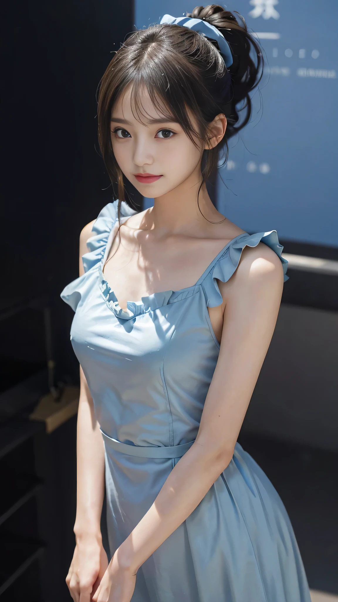 not showing one's feet,standing on stage,Blue colored long dress with lots of ruffles,One woman,masutepiece, The highest image quality, High quality, the background is clear,Beautiful woman, Japanese, Detailed, Detailed eyes, Detailed skin, Beautiful skin, 超hight resolution, (reality: 1.4),Very beautiful woman, Slightly younger face, Beautiful skin, slender, (Ultra photo realsisim), (hight resolution), (8K), (Very detailed) (beautifully detailed eyes), (super detailed), (Detailed face), view the viewer, Fine details, Detailed face, Staring straight ahead, Staring straight ahead, photos realistic, Bright lighting, Professional Lighting, Black hair,poneyTail,a ,fifteen ye is ponytail,long ponytail hairstyle,slight smile,neat and tidy clothing,Beautiful Japanese KPOP idol photo, hair style is ponytail, my eyes are double and wide, baby face, smile and look ahead, slender, small breasts,close up face,Blue ribbon on head,