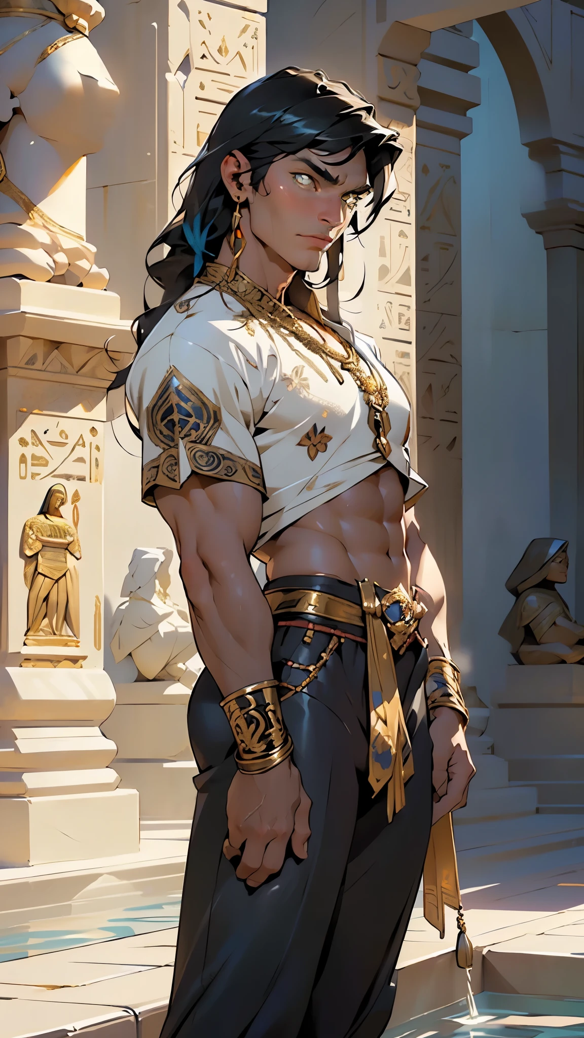 (man:1.5),1 man,male,1boy,male focus,dark-skinned man,black hairdark skin,jewelry,necklace,(Egyptian man),(tan),(brown skin),body tone,male focus,long hair,long bangs,no shirt,pharaoh Tutankhamun,serious expression, (((Egyptian God))),SETH, god of chaos, Egyptian mythology, expression of evil,Egyptian clothing, ((brother of Osiris)) , Osiris, king of the Egyptian underworld, pharaoh of Egypt, god of the underworld, Lord of the underworld, Inquisitor of Death, associated with a good harvest,symbolizes hope and light, tough guy, majesty, strong, muscular body, abs (many fine Egyptian decorations), Egyptian style, perfect flesh full of texture,
muscle,muscle,pectoral, muscular,Mature man,45 year,1 man,macho man,an extremely detailed face,(((gold_eyes:1.3))),intricate eyes,beautiful detailed eyes,symmetrical eyes,perfect face,((detailed face)),macho man,
(((lustrous skin:1.5,tanned skin,bright skin: 1.5,skin tanned,shiny skin,very shiny skin,shiny body))),powerful,heroic,nsfw,
((bulge in pants)),(((intricate outfit,embroidered outfit,ornate outfit,intricate clothes,embroidered clothes,ornate clothes))),
dynamic pose,looking at viewer,smug,(masculine attitude),centered,scale to fit dimensions,Rule of thirds,
((beautiful bath house made of greek marble and pillars, beautiful clear water in pool)),scenery:1.25,((intricate scenery)),((greek temple background)),
(Glossy greek ornaments),highres,sharp focus,(ultra detailed,extremely detailed),(photorealistic artwork:1.37),(extremely detailed CG unity 8k wallpaper),(((vibrant colors,vibrant theme))),(intricate),(masterpiece),(best quality),artistic photography,(photography taken by sldr),(intricate background),perfect rendered face,perfect face details,realistic face,photo realistic,((intricate detail)),(((realism))),