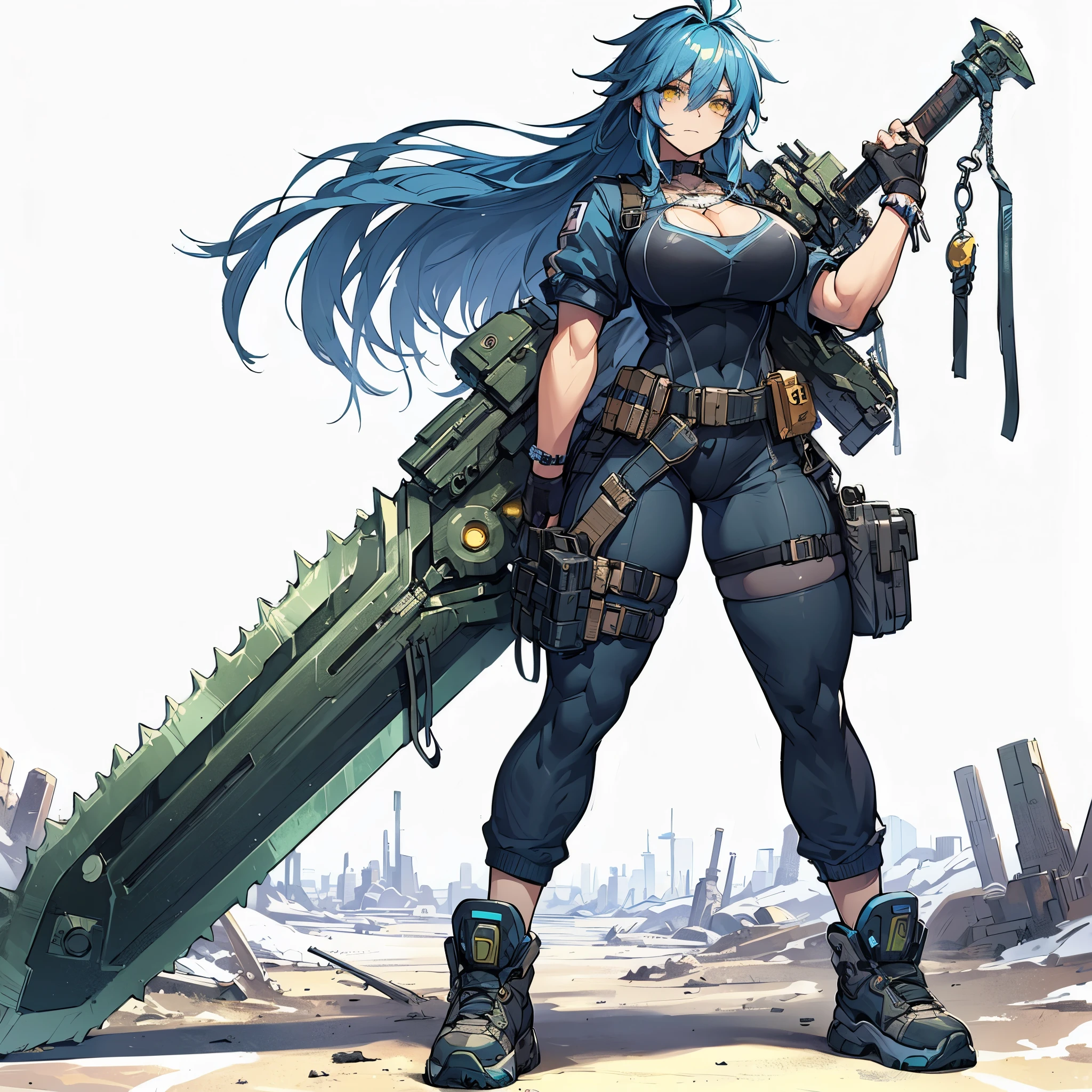(masterpiece, Best Quality), (Perfect athlete body:1.2), (detailed hairs), Ultra-detailed, Anime style, solo, Cyberpunk orc girl, Muscular but feminine body shape, wearing a work uniform, night blue hair and yellow eyes, pale green skin, holds a huge creaver sword, wears high tech sneakers, standing in wasteland, white background, whole body,