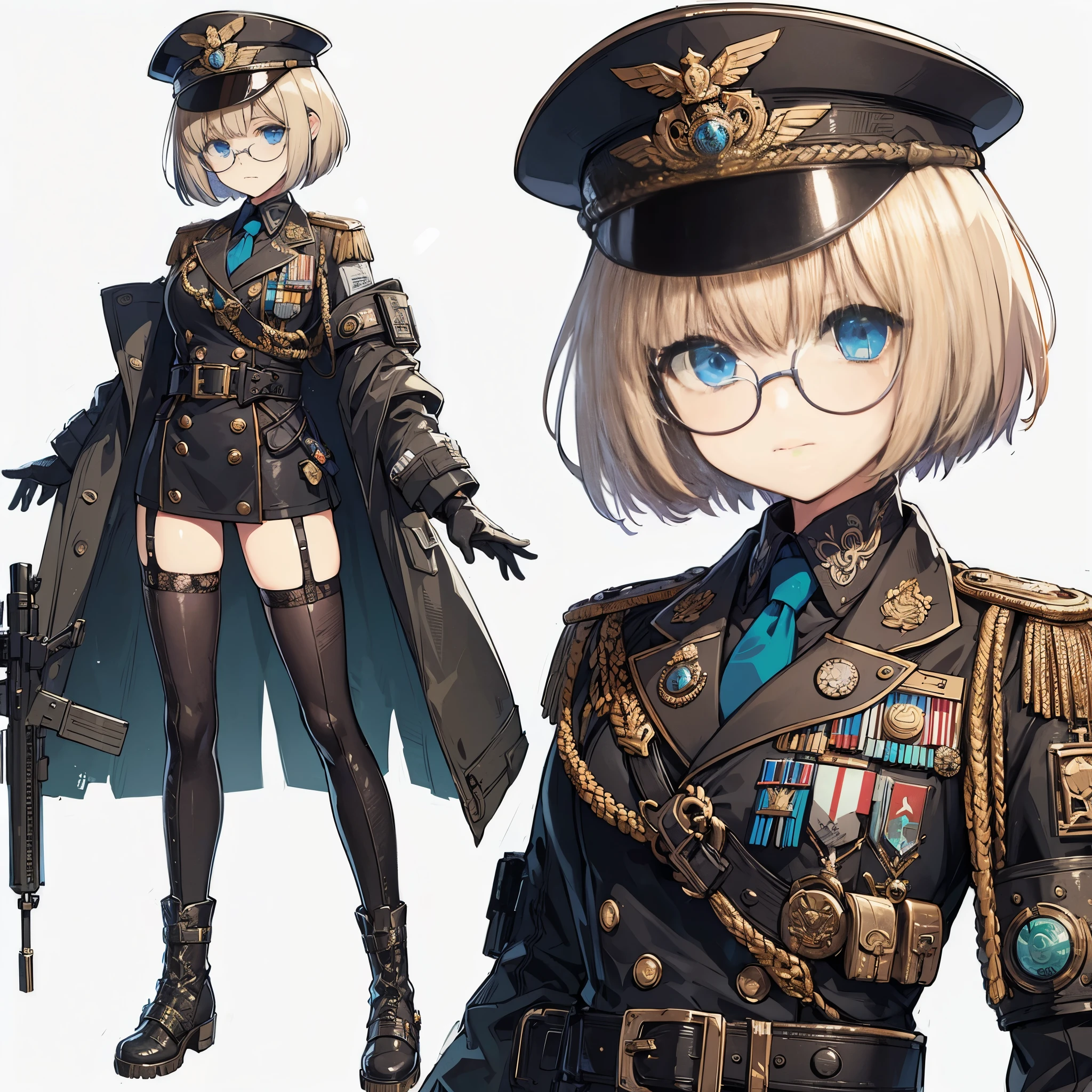 (masterpiece, Best Quality), (detailed hairs), Ultra-detailed, Anime style, Full body, Solo, cyberpunk high officer girl, short blond hair with bob cut, blue eyes, thick glasses, military hat and unadorned military coat, Military uniform decorated with medals, wearing long boots, standing on wasted land, 8k high resolution, white background, whole body,
