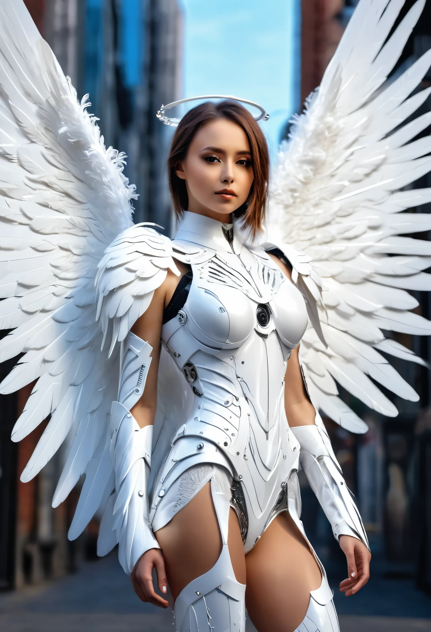a woman in a white dress with wings, full body angel, futuristic robot angel, amazing angel wings, angel knight gothic girl, angel in plastic armor, intricate costume designs, As a mysterious Valkyrie, Its whole body is made of white feathers,, futuristic and fantastic, white wings, beautiful angel wings, steampunk angel, beautiful cyborg angel girl, graceful wings, outdoor, city background, Full Body Shot