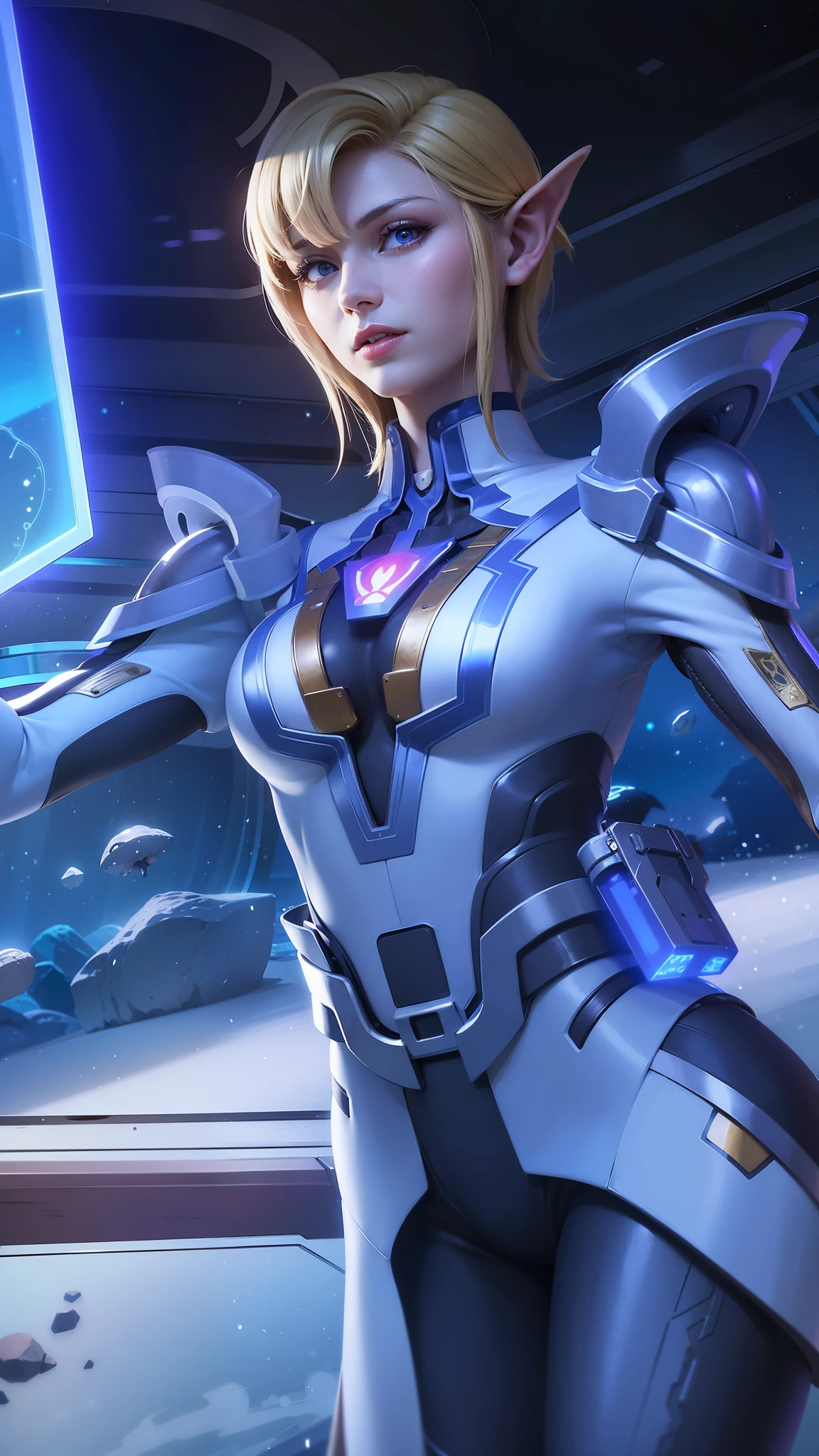 (female:1.2), 8k, ultra hd, ultra detailed texture, hyper realistic, masterpiece, detailed texture, detailed face, detailed skin, detailed lighting, (photorealistic:1.5), best quality, beautiful lighting, cinematic lighting, professional lighting, ultra highres, realistic, detailed hair, real hair, high quality, (realskin:1.5), extremely detailed, finely detail, ultra-detailed, 1girl, solo, floating, (blue eyes), glowing eyes, red lips, v-shapped eyes, closed mouth, angry, colored skin, dark skin, purple skin, nose, pretty, beautiful, make up, evil smile, short hair, blonde hair bangs, large breasts, thigh, pauldrons, black pants, belt, purple coat, mechanical wings, armor shoulder, gloves, eudora \(mobile legends\), depth of field, looking aways, skin tight, amazing pose, glowing electric, lighting, cinematic background, elf ear.