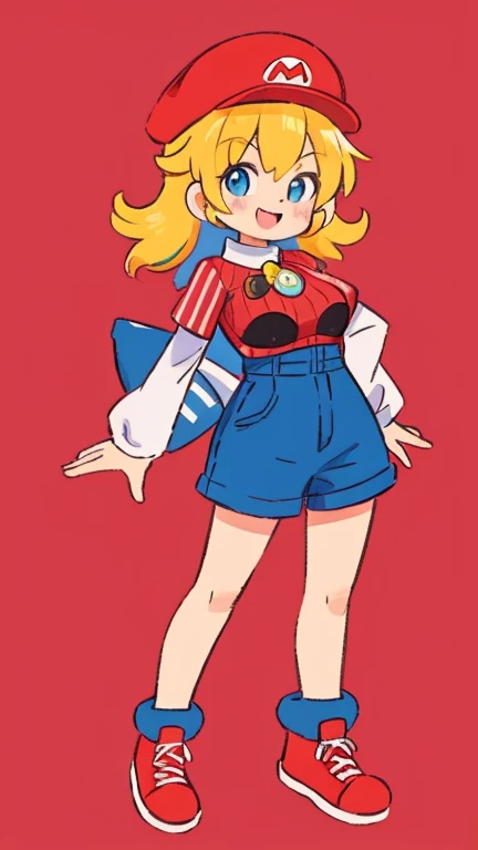 make a girl  in a Super Mario cosplay,plumber hat,red clothes,breasts,smile