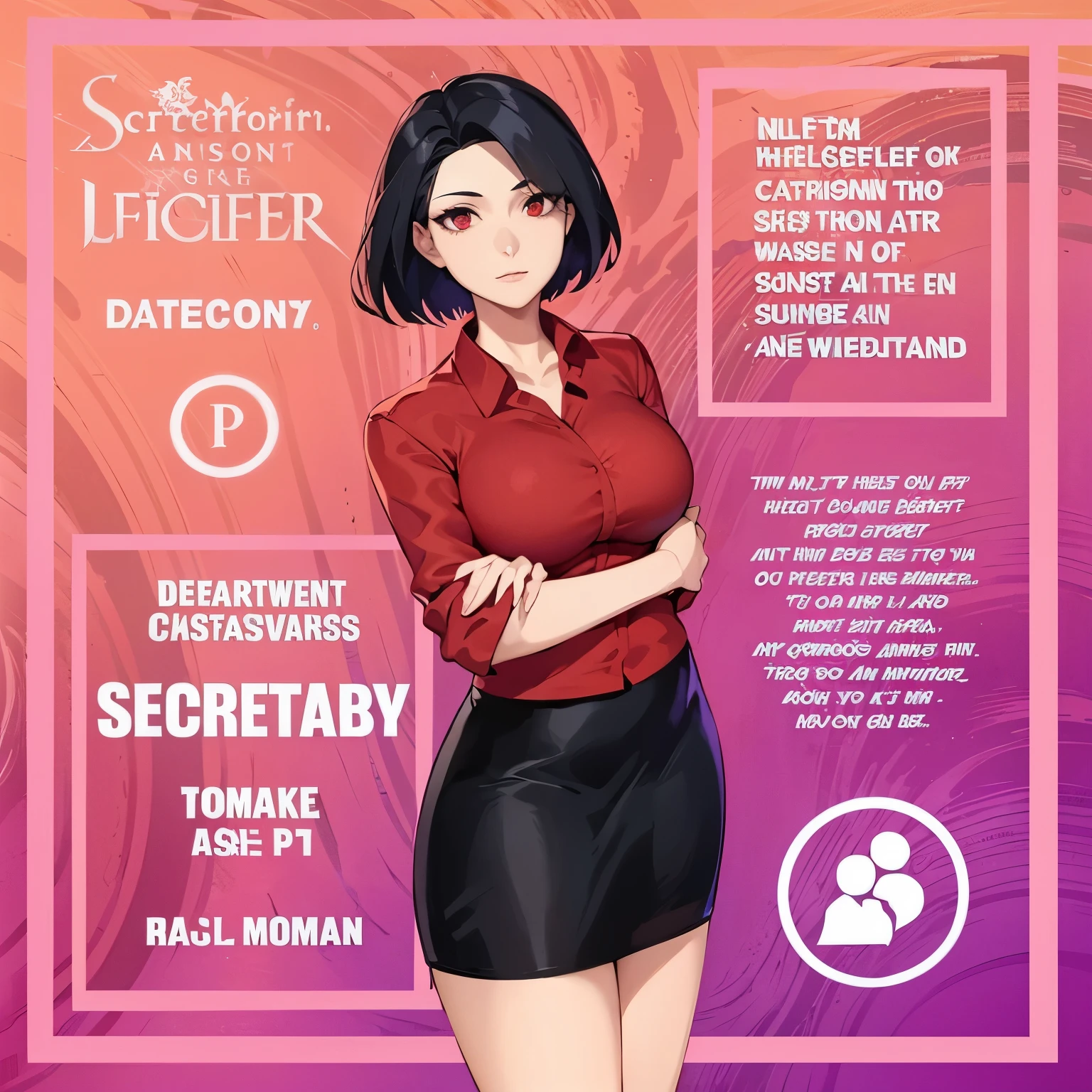 there is a poster with a woman in a red shirt and black skirt, official character illustration, character profile art, official fanart, human :: sorceress, eldritch lovecraftian secretary, official character art, fullbody commission for, character art. sc-fi. cover art, official fan art, succubus in sundress portrait, character full body portrait
