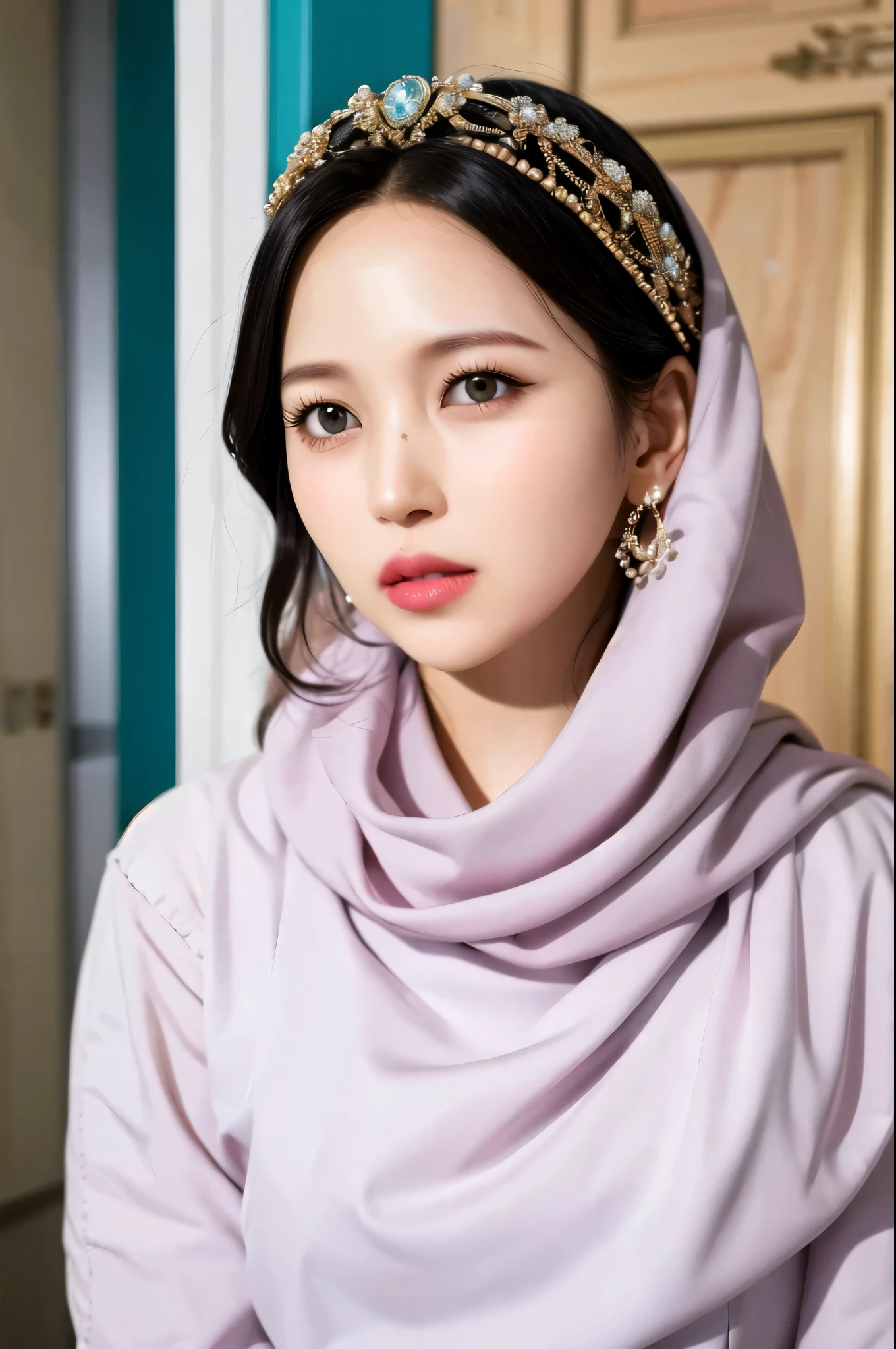 Picturr of jihyo adorned in a beautiful white hijab and modest attire, captivates with her striking black eyes that demand attention and leave a lasting impression. These captivating photographs, designed to entice viewers to follow her on social media, are skillfully crafted to be realistic, concise, and direct. Each image exudes a creative and clever touch, incorporating unexpected elements, such as a face shape reminiscent of Nicole Kidman, that sets them apart from generic and overused visuals.