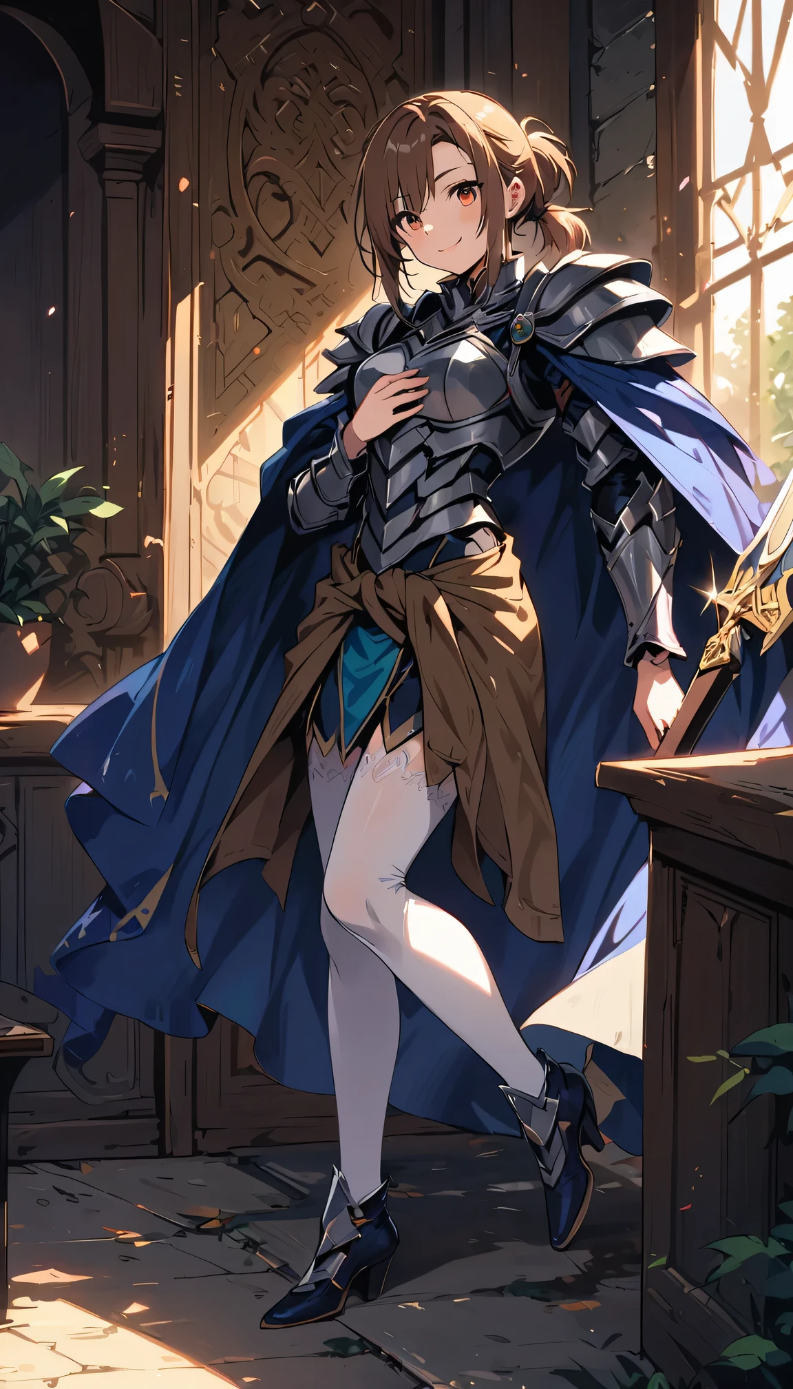Asuna, Asuna_(Star), (1 girl,alone) ,fantasy, high resolution, No. 19,  The original, (Worn in a sheath around the waist:1.3), Smile, (white knight wizard cloak:1.55), short hair, medium breasts, looking at the audience, Bangs ,Delicate hazel eyes, beautiful background, ((morning sun,Western style private room)), Put your hands on your chest,(brown hair,short ponytail:1.5), (Platinum Knight Wizard Full Armor:1.55),short hair, permanent,direct, Abeke,(whole body:1.1), white stockings,(Abeke:1.4),