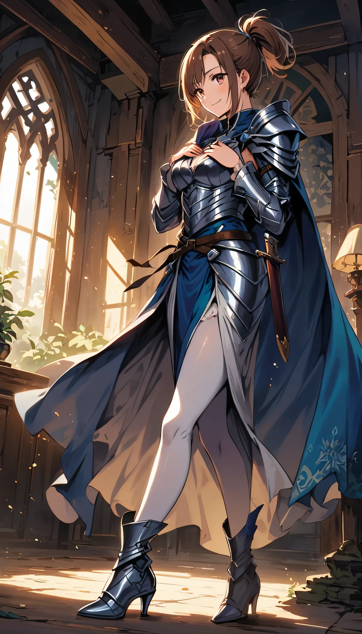 Asuna, Asuna_(Star), (1 girl,alone) ,fantasy, high resolution, No. 19, The original, (Worn in a sheath around the waist:1.3), Smile, (white knight wizard cloak:1.55), short hair, medium breasts, looking at the audience, Bangs ,Delicate hazel eyes, beautiful background, ((morning sun,Western style private room)), Put your hands on your chest,(brown hair,short ponytail:1.5), (Platinum Knight Wizard Full Armor:1.55),short hair, permanent,direct, Abeke,(whole body:1.1), white stockings,(Abeke:1.4),