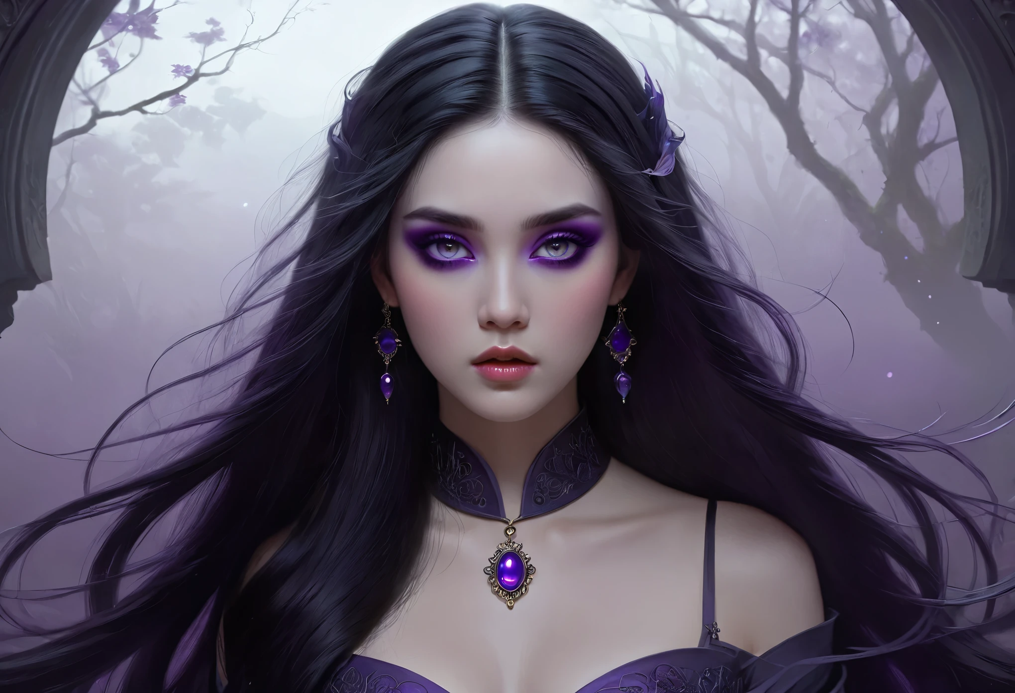 Arav woman with long black hair and purple eyes, Natalie Chao Tom Bagshaw, Cute face. dark fantasy, Tom Bagshaw art style, in the Tom Bagshaw's style, Tom Bagshaw art style, in Tom Bagshaw's style, purple eyes, Tom Bagshaw style, Tom Bagshaw inspiration, Tom Bagshaw inspiration, Tom Bagshaw's style