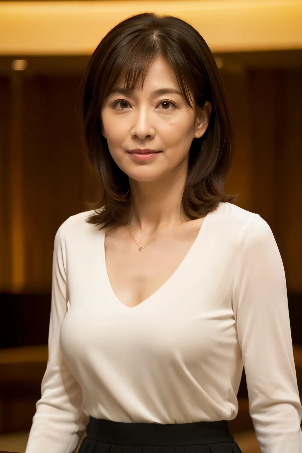 highest quality, masterpiece, High resolution, Photoreal, Raw photo, 8k wallpaper, perfection, very detailed, facing forward, Contemporary hotel lobby, one beautiful woman, 40 years old, sexy, detailed face, beautiful eyes, bangs, good shape big breasts, cleavage, straight hair, faint lips, ((look at the audience)), serious face eyes, light knit v-neck shirt, skirt