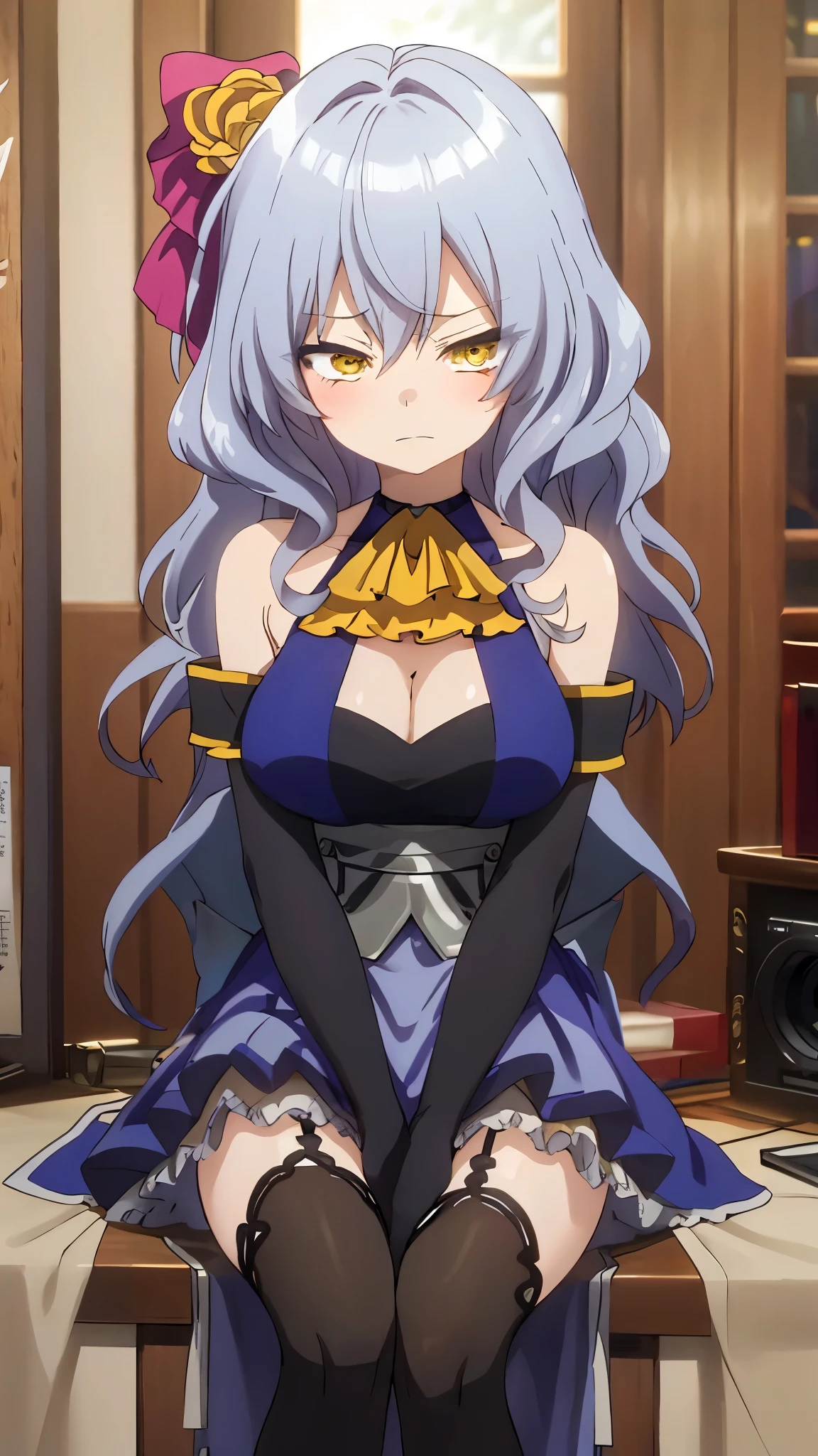 One girl with wavy hair, bangs, yellow eyes, looking at viewer, blushing, embarrassed, serious expression, indoor, living room, dress, dress, long hair, ascot, large breasts, cleavage, sleeveless dress, bare hands, thigh, sitting, crossed legs, bare legs, crossed arms, mid-chest, day atmosphere, hair ornament, medium breasts,  focus, blurry background, mature female