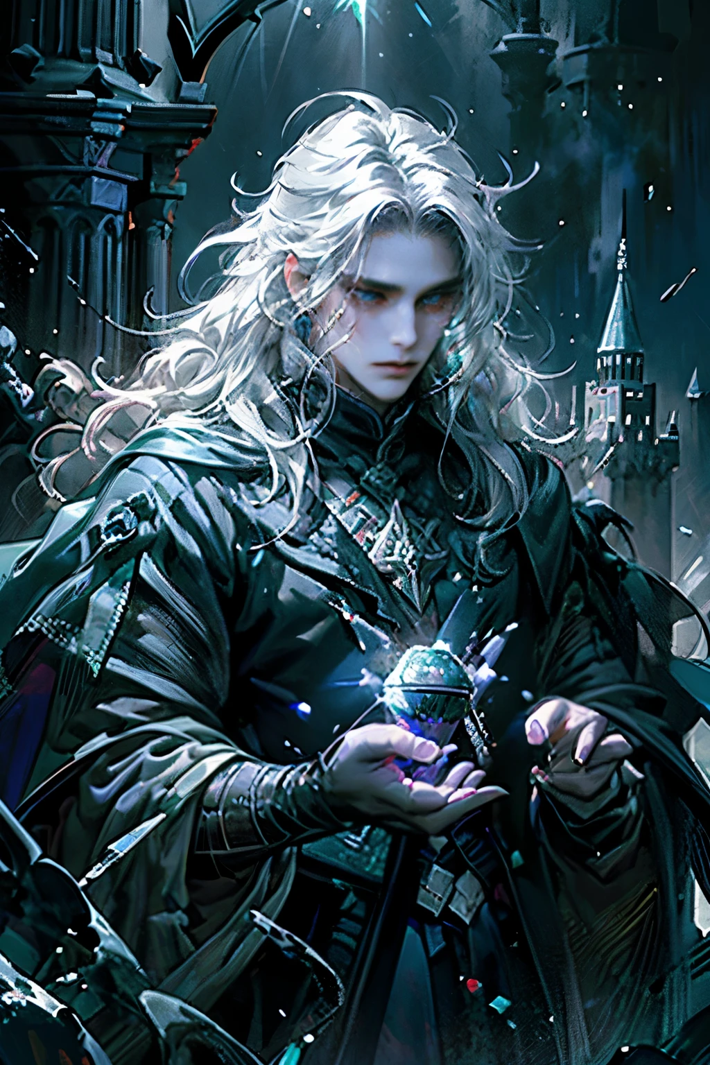 Masterpiece, Top Quality, 4K, 8K, 1 person, male, dark wizard, majestic, dark castle backgroung, messy hair, curly hair, long white hair, floating, gothic, dark indigo, magic in hand, emerald nightglow