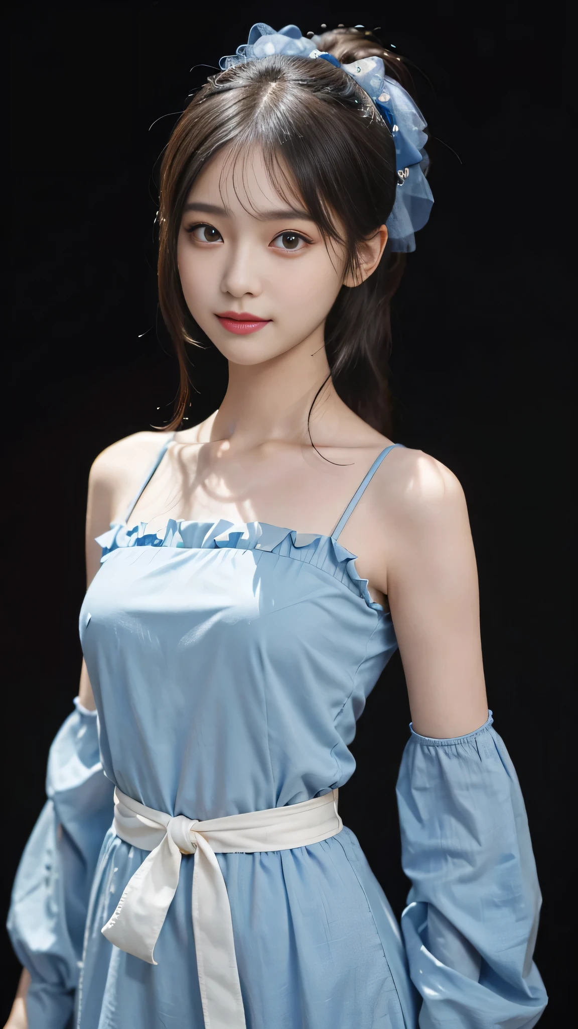 standing on stage singing,Blue colored long dress with lots of ruffles,One woman,masutepiece, The highest image quality, High quality, the background is clear,Beautiful woman, Japanese, Detailed, Detailed eyes, Detailed skin, Beautiful skin, 超hight resolution, (reality: 1.4),Very beautiful woman, Slightly younger face, Beautiful skin, slender, (Ultra photo realsisim), (hight resolution), (8K), (Very detailed) (beautifully detailed eyes), (super detailed), (Detailed face), view the viewer, Fine details, Detailed face, Staring straight ahead, Staring straight ahead, photos realistic, Bright lighting, Professional Lighting, Black hair,poneyTail,a baby face,fifteen years old,Hairstyle is ponytail,long ponytail hairstyle,slight smile,neat and tidy clothing,Beautiful Japanese KPOP idol photo, hair style is ponytail, my eyes are double and wide, baby face, smile and look straight ahead, slender, small breasts,close up face,Blue ribbon on head,