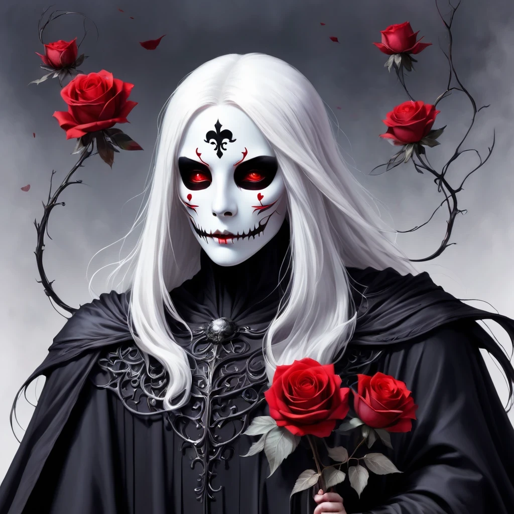 （Hand holding mask：1.5），（White-haired ghost，straight hair，Red eyes），（gothic art），（Fear：1.5），（correct human ???????：1.37）