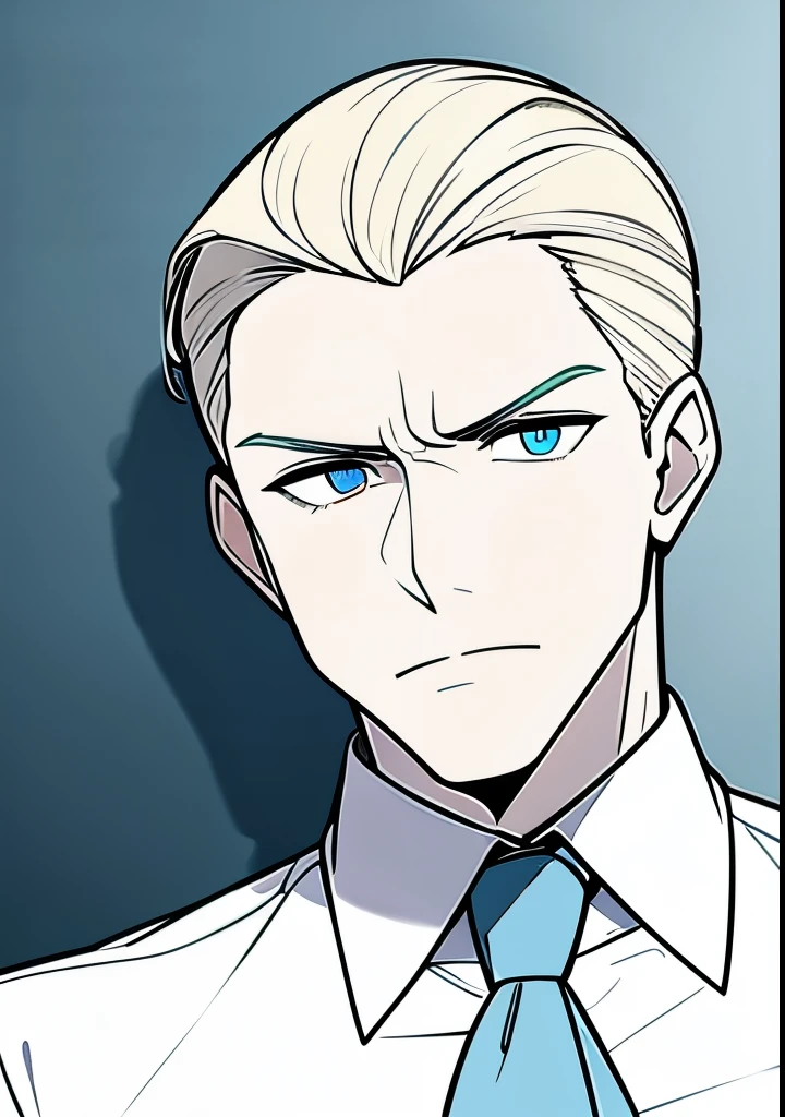 Young Adult male, white and tender skin, pale blonde slicked back combed short hair, kaiser mustache, ducktail beard, steel blue eyes, green and slightly mature, serious and emotionless facial expression, wearing white bottom long sleeve shirt with collar, portrait style, facing forwards