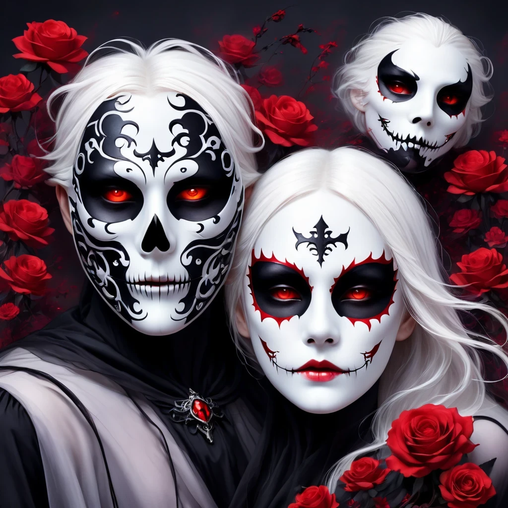 （Hand holding mask：1.5），（White-haired ghost，straight hair，Red eyes），（gothic art），（Fear：1.5），（correct human anatomy：1.37）