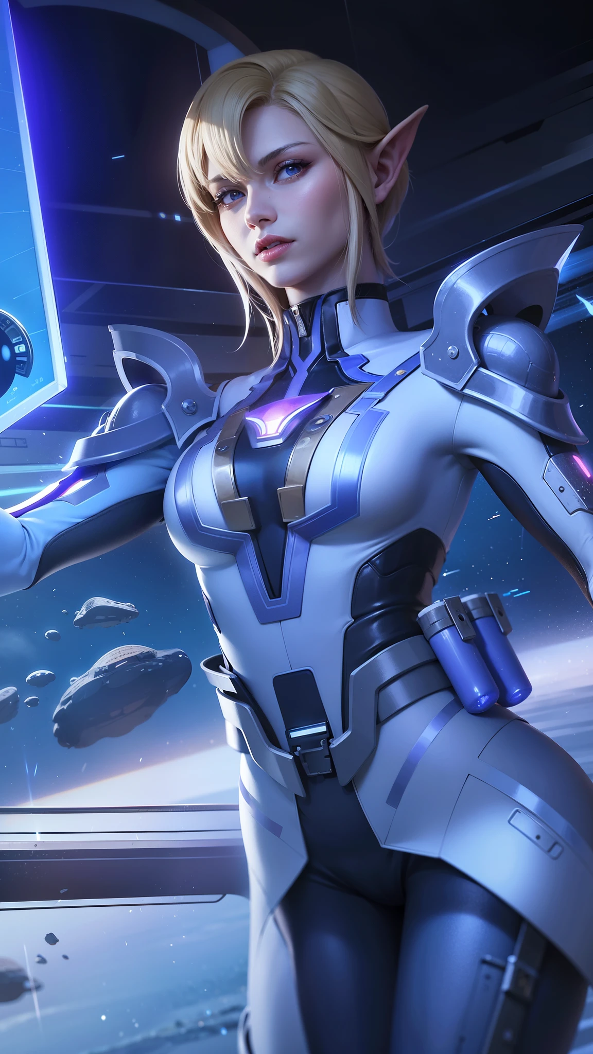 (female:1.2), 8k, ultra hd, ultra detailed texture, hyper realistic, masterpiece, detailed texture, detailed face, detailed skin, detailed lighting, (photorealistic:1.5), best quality, beautiful lighting, cinematic lighting, professional lighting, ultra highres, realistic, detailed hair, real hair, high quality, (realskin:1.5), extremely detailed, finely detail, ultra-detailed, 1girl, solo, floating, (blue eyes), glowing eyes, red lips, v-shapped eyes, closed mouth, angry, colored skin, dark skin, purple skin, nose, pretty, beautiful, make up, evil smile, short hair, blonde hair bangs, large breasts, thigh, pauldrons, black pants, belt, purple coat, mechanical wings, armor shoulder, gloves, eudora \(mobile legends\), depth of field, looking aways, skin tight, amazing pose, glowing electric, lighting, cinematic background, elf ear.