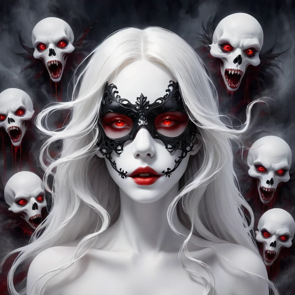 (Hand holding mask:1.5),(White-haired ghost,straight hair,Red eyes),(gothic art),(Fear:1.5),(correct human anatomy:1.37)