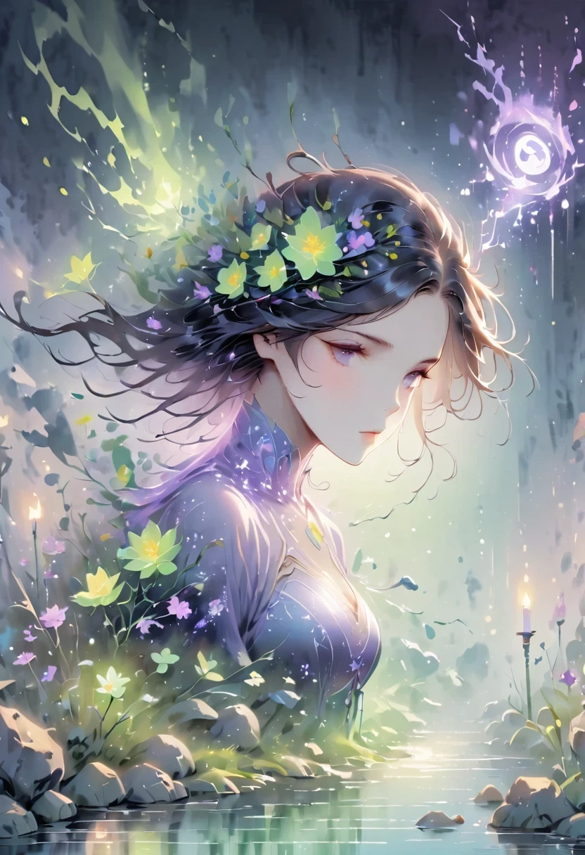 (1 person, beautiful witch:1.2), purple eyes, brown hair, undercut,look down, alone, half shot, Detailed background, Detailed face, (V0id3Energy, empty theme:1.1) mage, Black light armor robe, clear expression, green color scheme, dark green light, rock call circle, bright magic text, dark atmosphere, shadow, Realistic lighting, floating particles, spark, surrounded by purple light, rock call, (thick melting candles:0.8), Purple arcane symbol, Eyes long for power, Broome SCG,