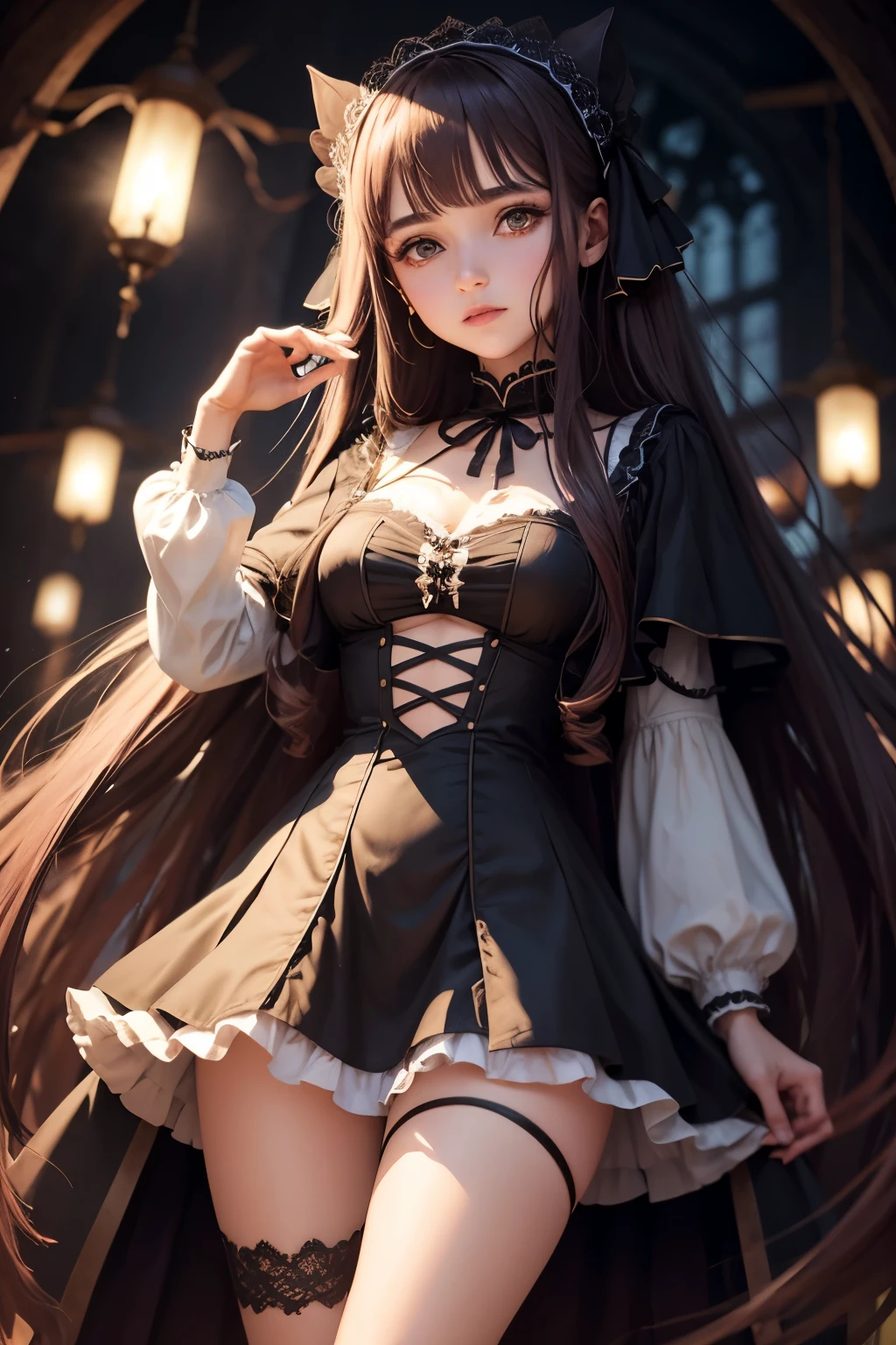 Columbina_(genshin impact), white roses, ornament hair, roses on her hair, maid, maid dress, maid headdress, maid apron, black hair, pink hair, long hair, Kneeling on the floor, chinese home style, Chinese maid dress, white dress, more details on her clothes, pink details, night, smiling, coat,