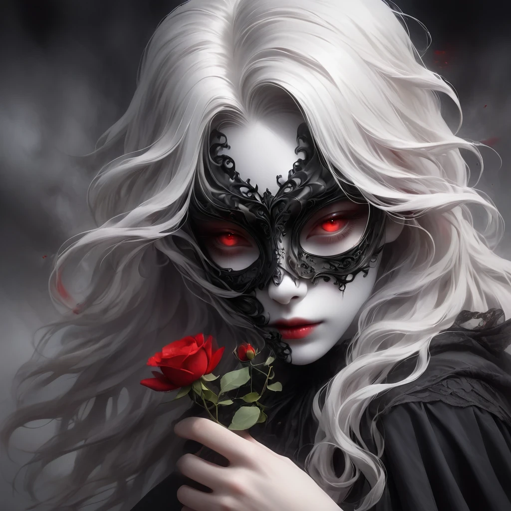 （Hand holding mask：1.5），（White-haired ghost，straight hair，Red eyes），（gothic art），（Fear：1.5），（correct human anatomy：1.37）