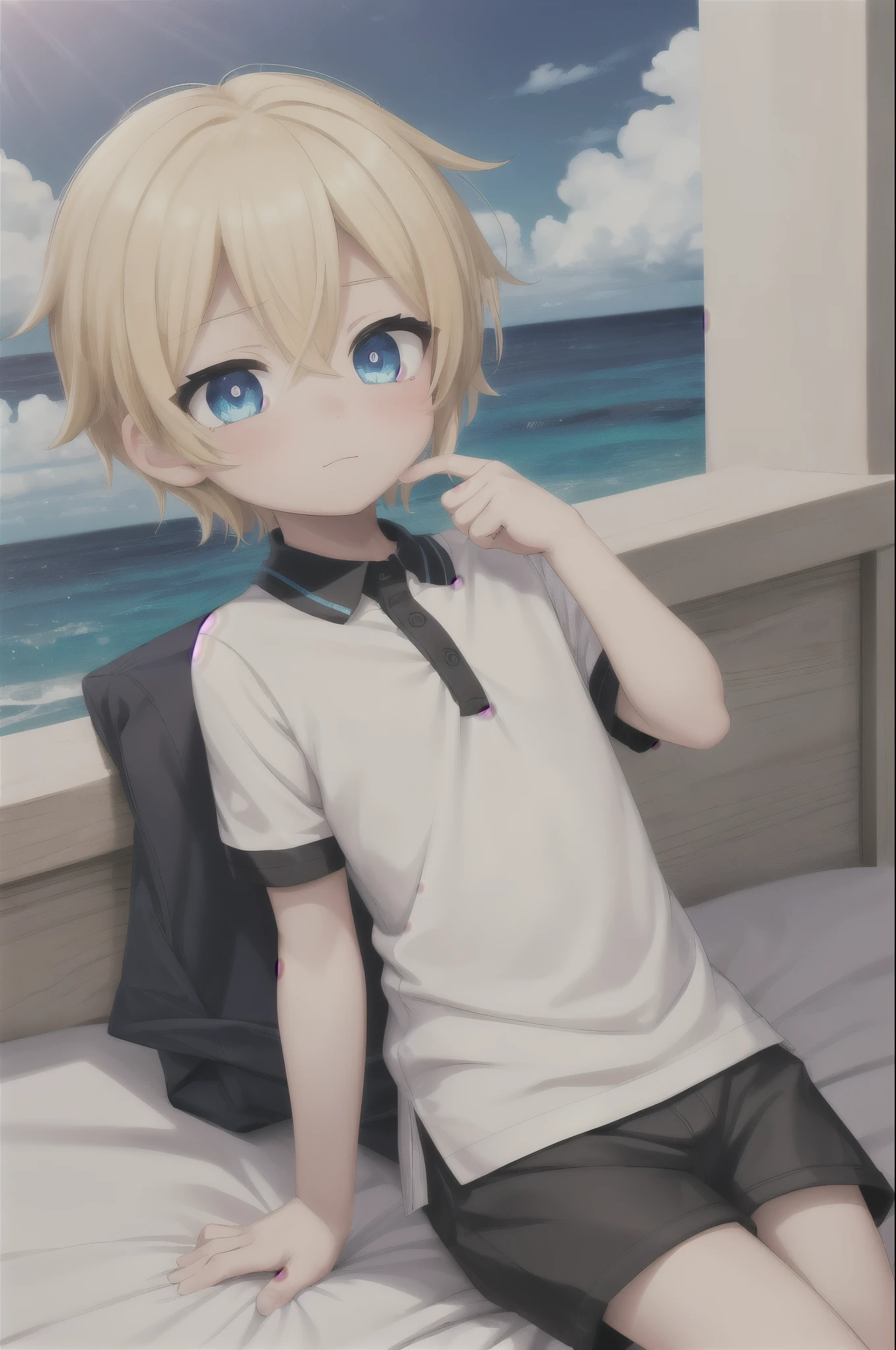 (1boy:1.4), (very short hair), crew cut, (solo:1.4), sfw, (bulge:0.4), male character, ((masterpiece)),
multicolored background, hair between eyes, highlight in eyes, (blonde hair:1.4), full shot,
(polo shirt :1.4), short pants, colorful eyes, male character
multiple details, sky, sea, beach , outside, short hair, handsome, beautiful eyes (vocaloid), delicate features, high light in eyes, (narrow chin:1.5), triangle chin, (introvert:1.6)
, young, juvenile, short hair, male face, detailed beautiful boy, adorable boy, sparkling eyes,
Nude, laying in bed, blushing, soft and delicate body, femboy
