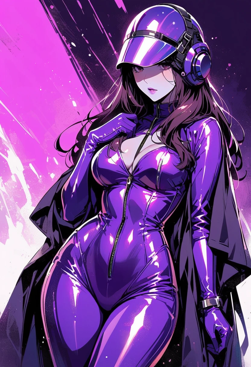 Allalyn in a shiny purple suit standing on the floor, latex shiny, Wearing Kudo Tsuko latex suit, wearing a tight suit, smooth purple skin, Purple body, shiny metallic skin, shiny plastic, Futuristic glossy latex suit, shiny plastic armor, shiny skin, body-hugging suit, wearing latex, shiny and metallic, glowing purple, smooth,Cloak, exoskeleton