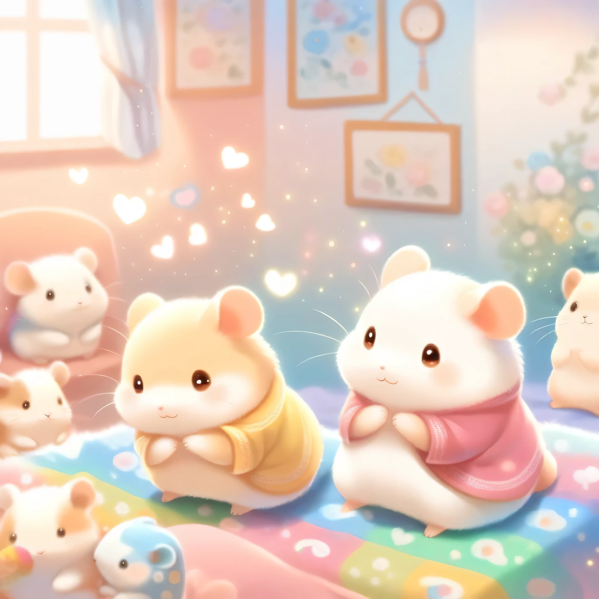 cuteAn illustration,Hamster kindergarten,hamster family:animal:cute:Snuggle up close:sleep:comfortable and warm:looks happy,An illustration,pop,colorful,color,dim,lamp light,hamster familyが眠っています:dream happy dreams,The room is warm and full of happiness,,colorful,fancy,fantasy,patchwork:quilt,Detailed details,fluffy,randolph caldecott style,hamster,the cutest hamster,fluffyhamster,Rich colors,Cast colorful spells,concentrate,Optimal configuration,perfect composition,accent,An illustration that children will enjoy,For children,Feel warm,wonderful like a dream,hamsters looking happy and having fun,Children's Toys,dance,The kids&#39;my room,group photo,a bit,Cast colorful spells,Sparkling,heart