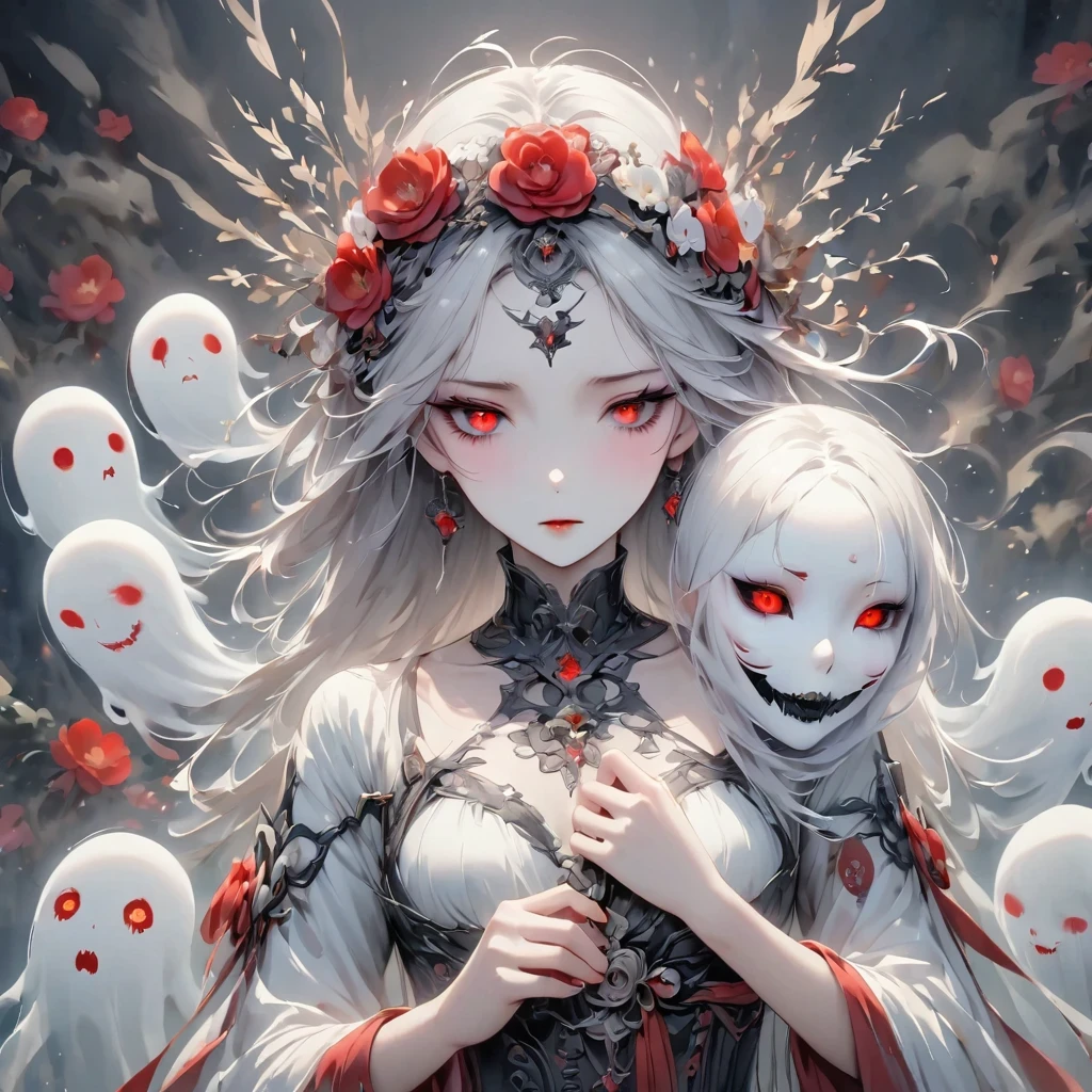 (Hand holding mask:1.5),(White-haired ghost,straight hair,Red eyes),(gothic art),(Fear:1.5),(correct human anatomy:1.37)