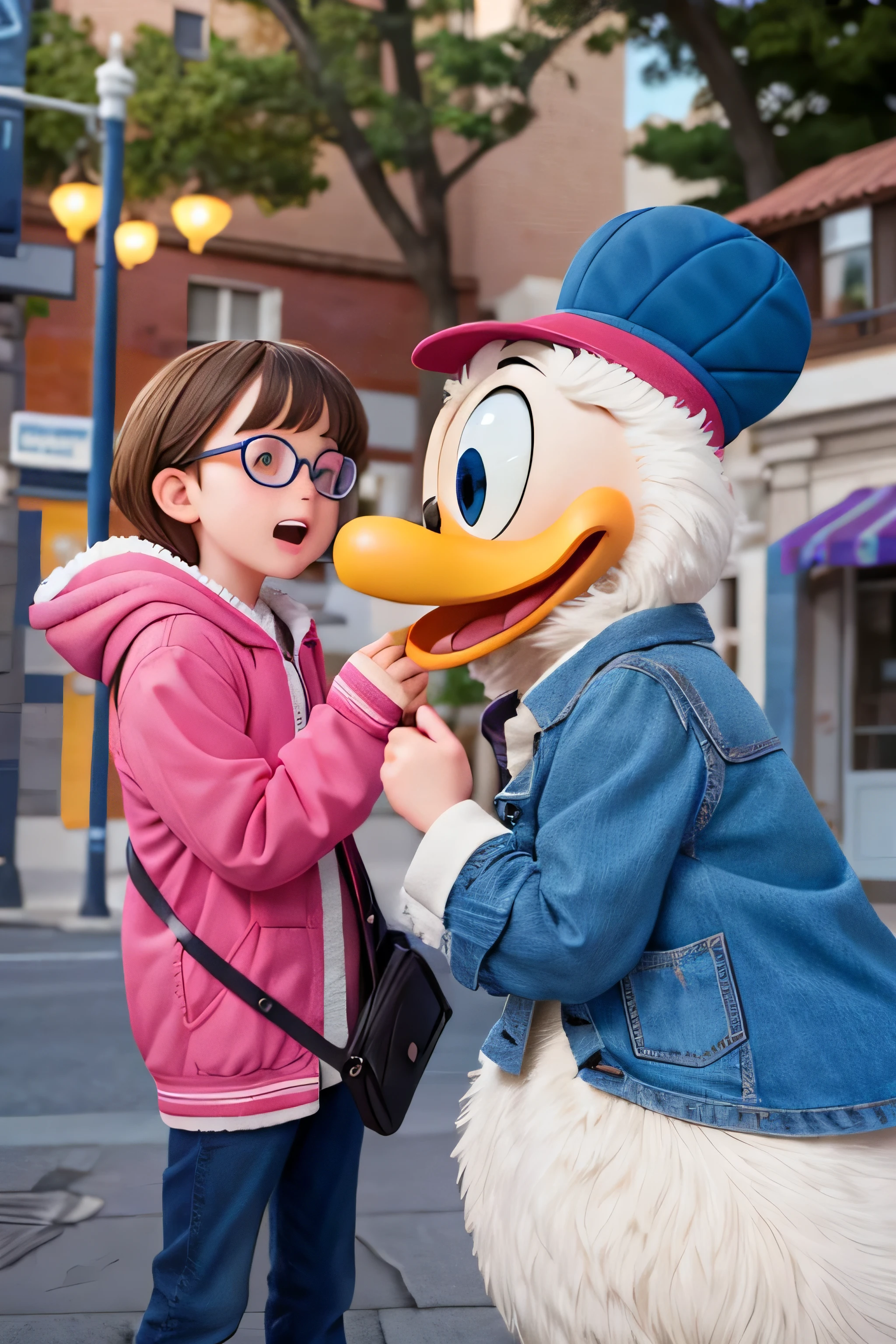 a girl with glasses, pink jacket, donald duck, mouth open, (pixar style) (masterpiece:1.2), (best quality) (detailed skin) (detailed texture) (8k) (claymation) (cinematic lighting) (sharp focus)
