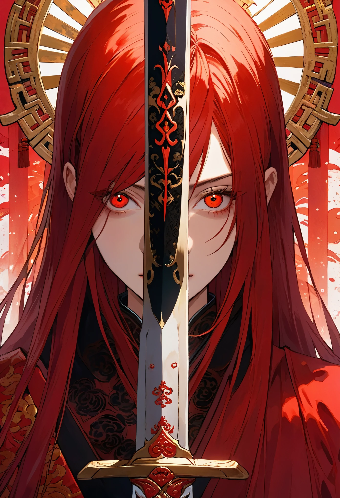 ((8K:1.4)), Impeccable, accuracy, (high resolution:1.2), (Very detailed), high quality, (masterpiece:1.8), ((Extreme close-up of huge sword blade)),(((Very detailed的中国少女特写肖像画))),The girl drew her sword,, (pain), (long unkempt red hair), (Red_sclera:1.2), (Blood all over the face:1.6)((anatomically accurate:1.6)),(((evil eye:1.6))), (((深Red宽大剑刃))),(Close-up of part of the broad sword blade),Covering half of the face,((Stand upright in front of your face)),The blade and the face each occupy half of the frame,Red and black blood splatter background,Red-eyed,Red Chinese costume,gold embroidery,