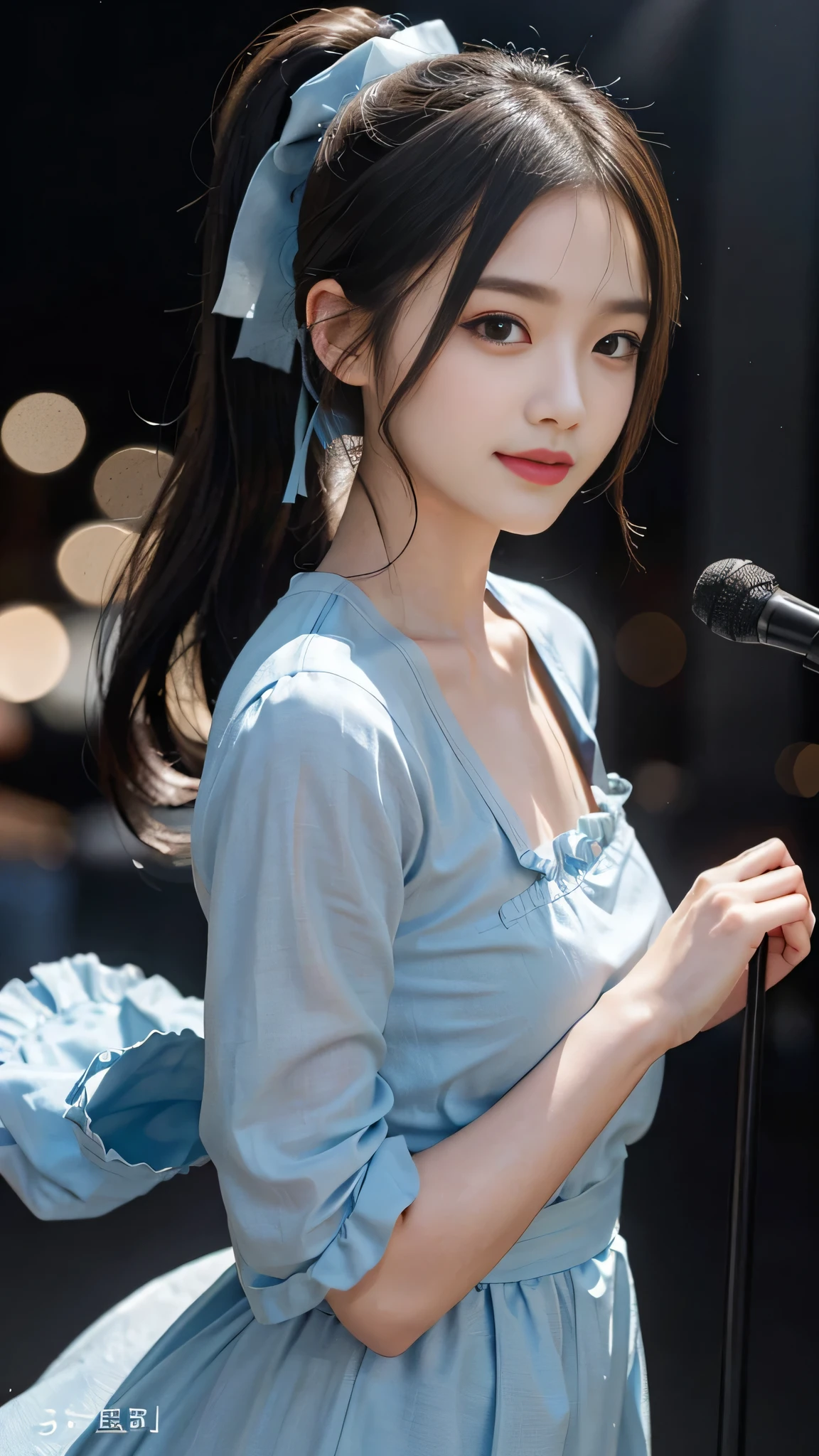 not showing one's feet,standing on stage singing,Blue colored long dress with lots of ruffles,One woman,masutepiece, The highest image quality, High quality, the background is clear,Beautiful woman, Japanese, Detailed, Detailed eyes, Detailed skin, Beautiful skin, 超hight resolution, (reality: 1.4),Very beautiful woman, Slightly younger face, Beautiful skin, slender, (Ultra photo realsisim), (hight resolution), (8K), (Very detailed) (beautifully detailed eyes), (super detailed), (Detailed face), view the viewer, Fine details, Detailed face, Staring straight ahead, Staring straight ahead, photos realistic, Bright lighting, Professional Lighting, Black hair,poneyTail,a ,fifteen ye is ponytail,long ponytail hairstyle,slight smile,neat and tidy clothing,Beautiful Japanese KPOP idol photo, hair style is ponytail, my eyes are double and wide, baby face, smile and look ahead, slender, small breasts,close up face,Blue ribbon on head,
