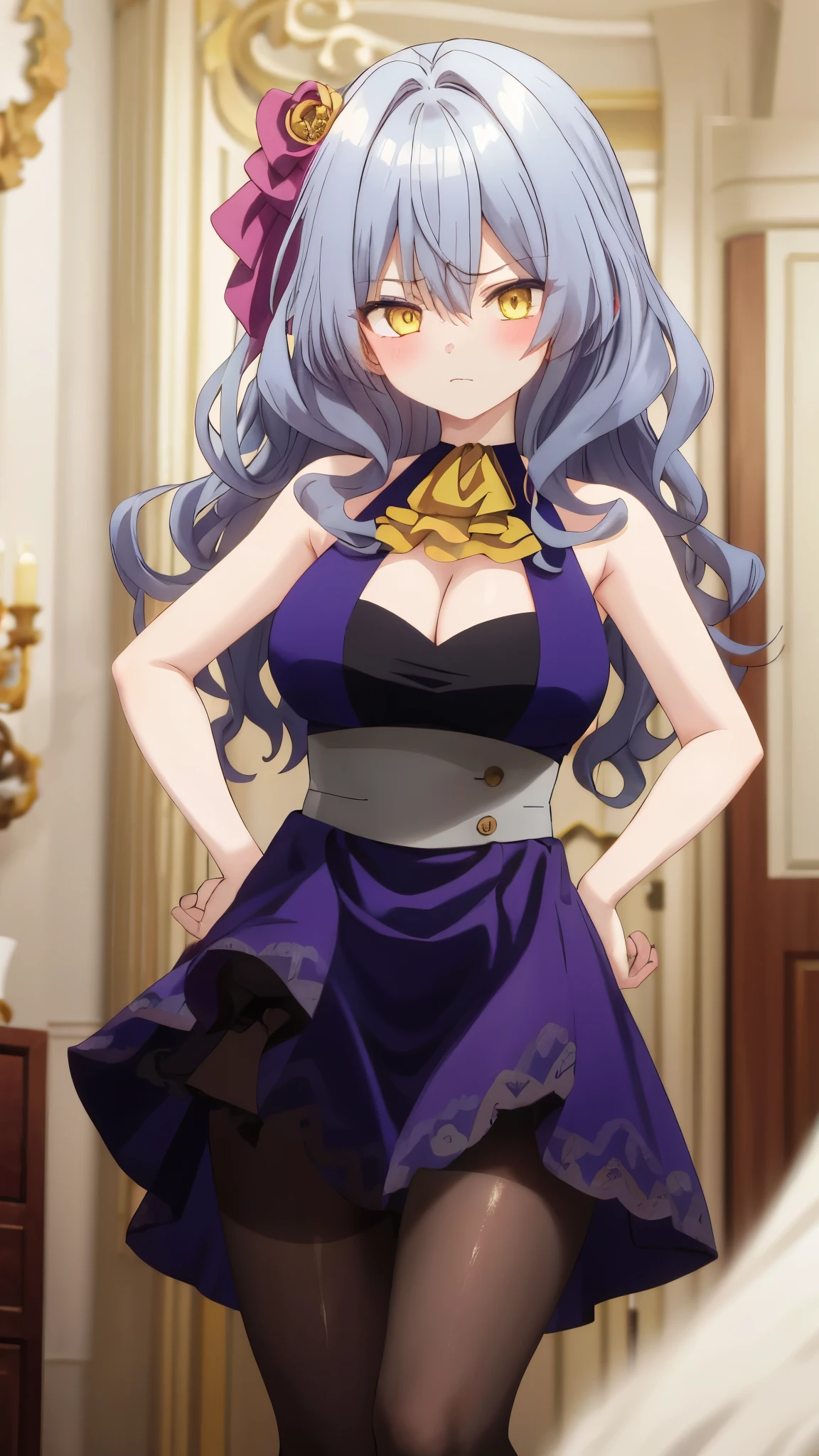 One girl with wavy hair, bangs, yellow eyes, looking at viewer, blushing, embarrassed, serious expression, indoor, living room, dress, dress, long hair, ascot, large breasts, cleavage, sleeveless dress, thigh, standing, bare legs, hands on hip, mid-chest, day atmosphere, hair ornament, medium breasts,  focus, blurry background, mature female, pantyhose