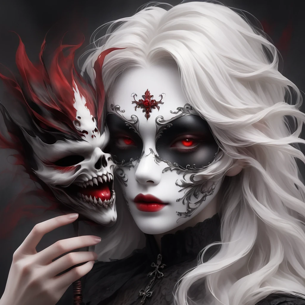 (Hand holding mask:1.5),(White-haired ghost,straight hair,Red eyes),(gothic art),(Fear:1.5),(correct human anatomy:1.37)
