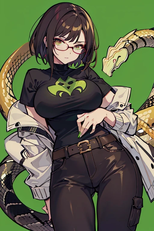 Beautiful Snake girl, Part female snake and part women, big breasts, wears a black and green covering her deep red shirt, she wears glasses, light short brown hair, Her pants are black and they have holes but don't show the skin.
