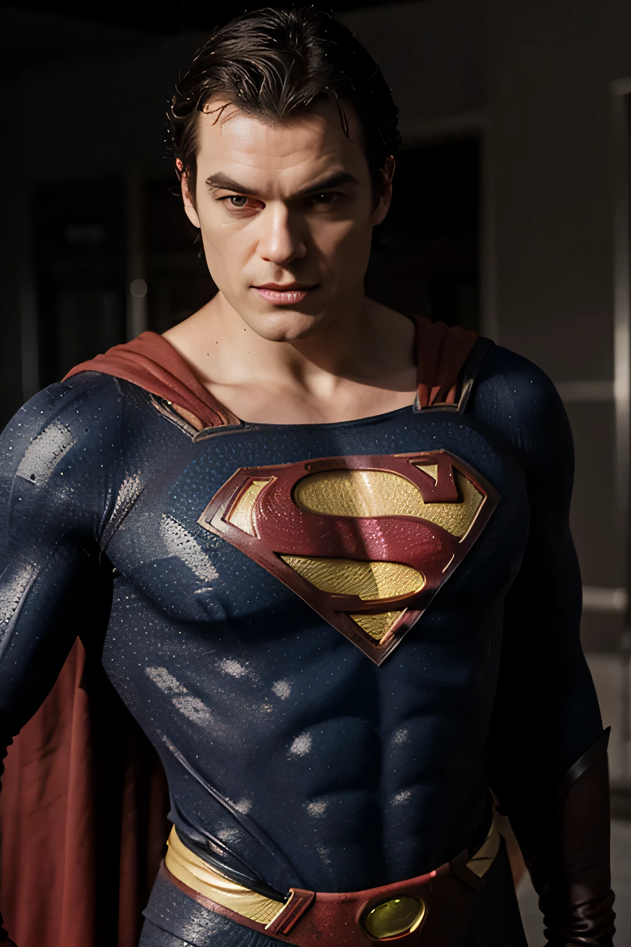 actor henry cavil con traje de superman. en su pecho que diga la frase supercachon
