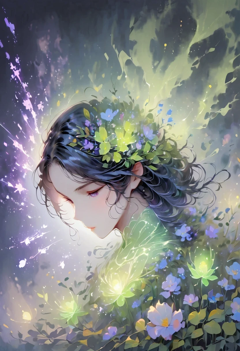 (1 person, beautiful witch:1.2), purple eyes, brown hair, undercut,look down, alone, half shot, Detailed background, Detailed face, (V0id3Energy, empty theme:1.1) mage, Black light armor robe, clear expression, green color scheme, dark green light, rock call circle, bright magic text, dark atmosphere, shadow, Realistic lighting, floating particles, spark, surrounded by purple light, rock call, (thick melting candles:0.8), Purple arcane symbol, Eyes long for power, Broome SCG,