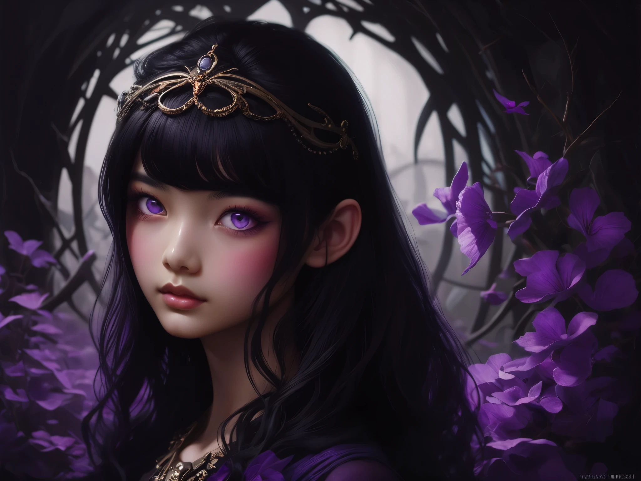 Arab woman with long black hair and purple eyes, Natalie Chao Tom Bagshaw, Cute face. dark fantasy, Tom Bagshaw art style, in the Tom Bagshaw's style, Tom Bagshaw art style, in Tom Bagshaw's style, purple eyes, Tom Bagshaw style, Tom Bagshaw inspiration, Tom Bagshaw inspiration, Tom Bagshaw's style