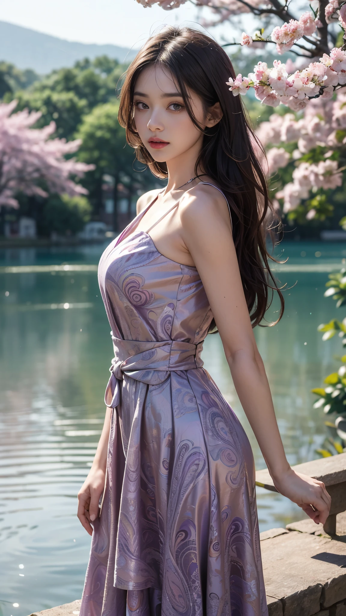 4k, ultra hd, masterpiece, 1 girl, serious face, detailed eyes, very long hair, (flare dress:1.5), purple flare dress, paisley print, (jwellery:1.5), bere waist, in the garden, cherry blossom, rain:1.5, (lake:1.5),